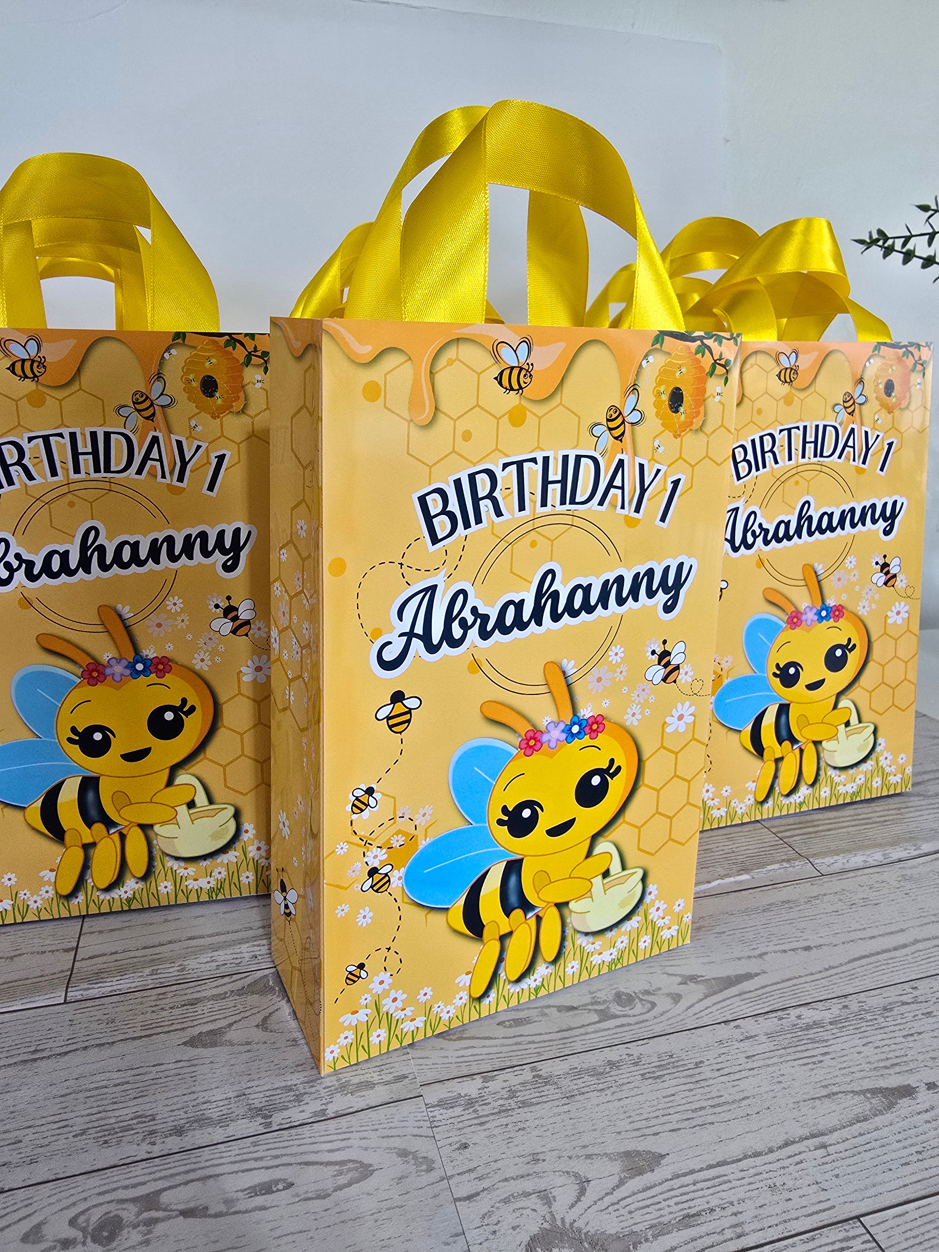 12 Personalized Abejita Chiquitica Birthday Gift Bags with Name & Age – 8.5"x5.5" Ribbon Handles