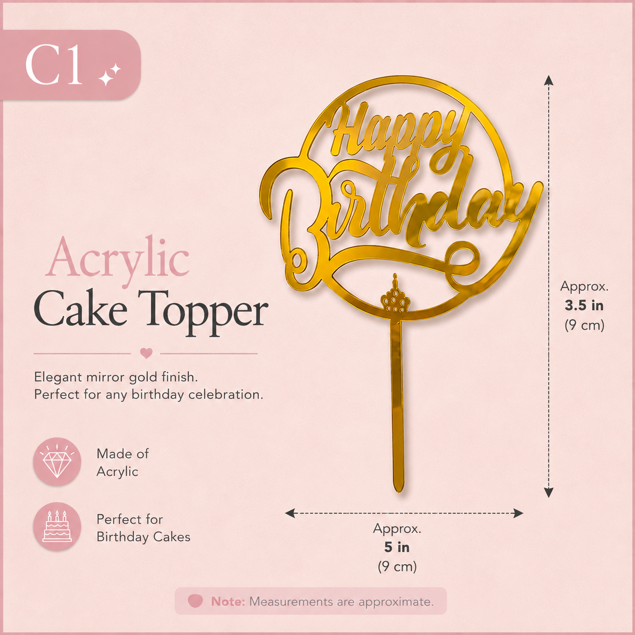 Golden Acrylic Happy Birthday Cake Topper | Mirror Gold Birthday Topper | Elegant Reusable Cake Decoration