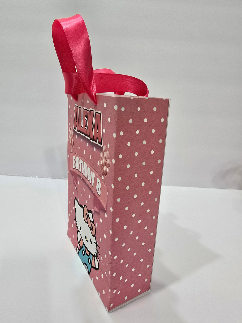 12 pcs Personalized Birthday Gift Bags with Name and Age – Bags with Ribbon Handles- 8.5"x5.5 (Hello Kitty)
