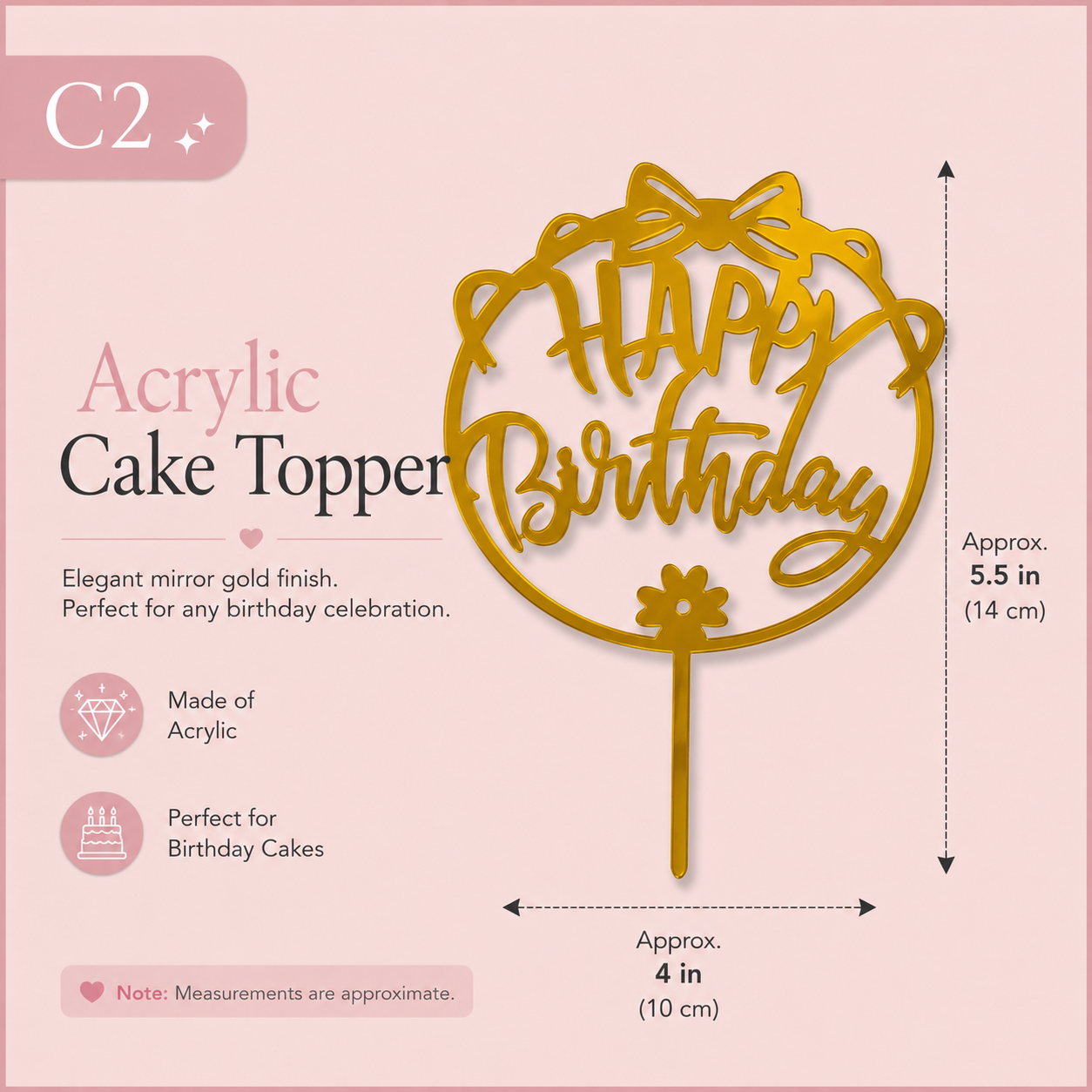 Golden Acrylic Happy Birthday Cake Topper | Mirror Gold Birthday Topper | Elegant Reusable Cake Decoration