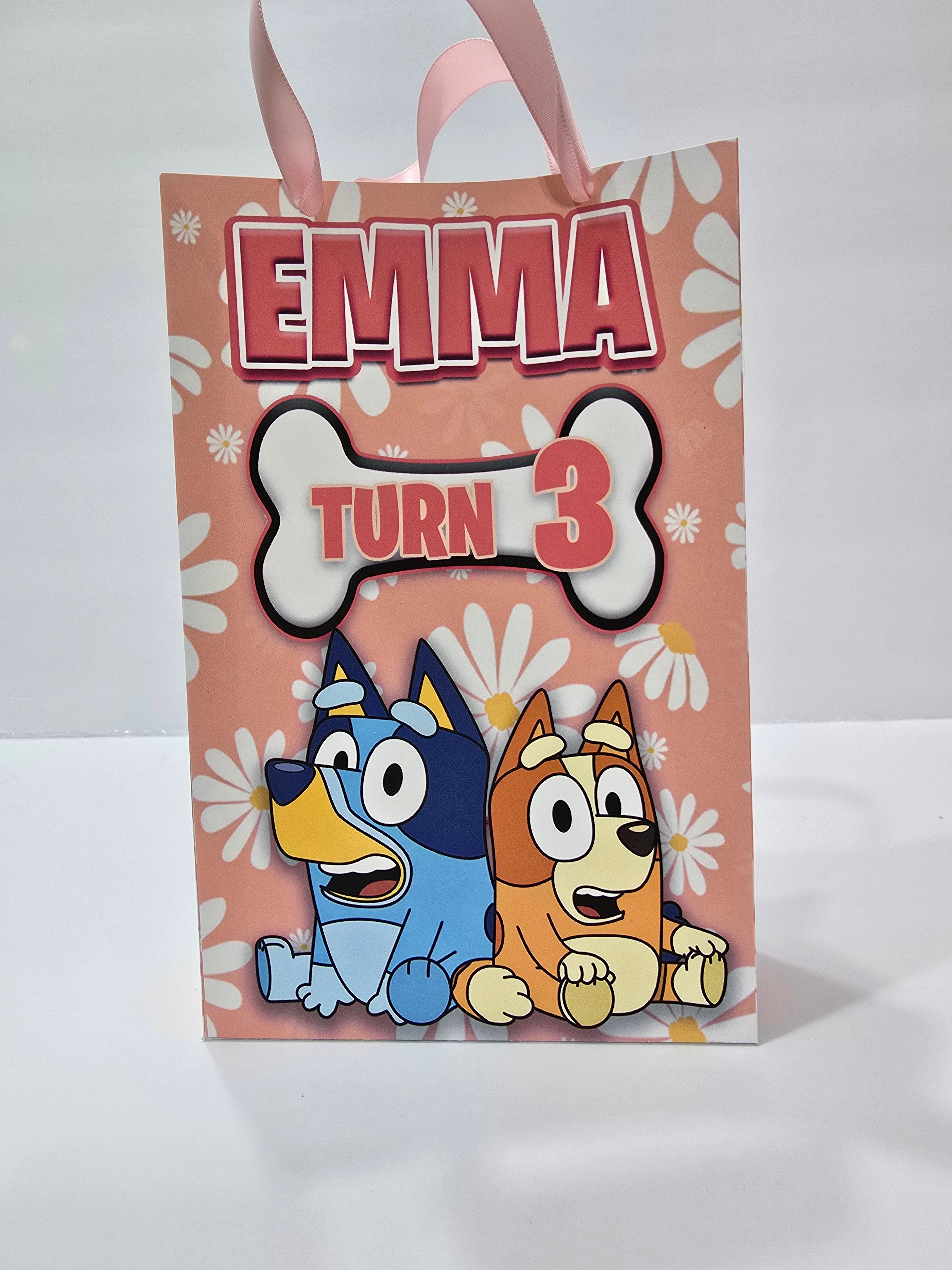12 pcs Personalized Birthday Gift Bags with Name and Age – Bags with Ribbon Handles- 8.5"x5.5 (Bluey Rosa)