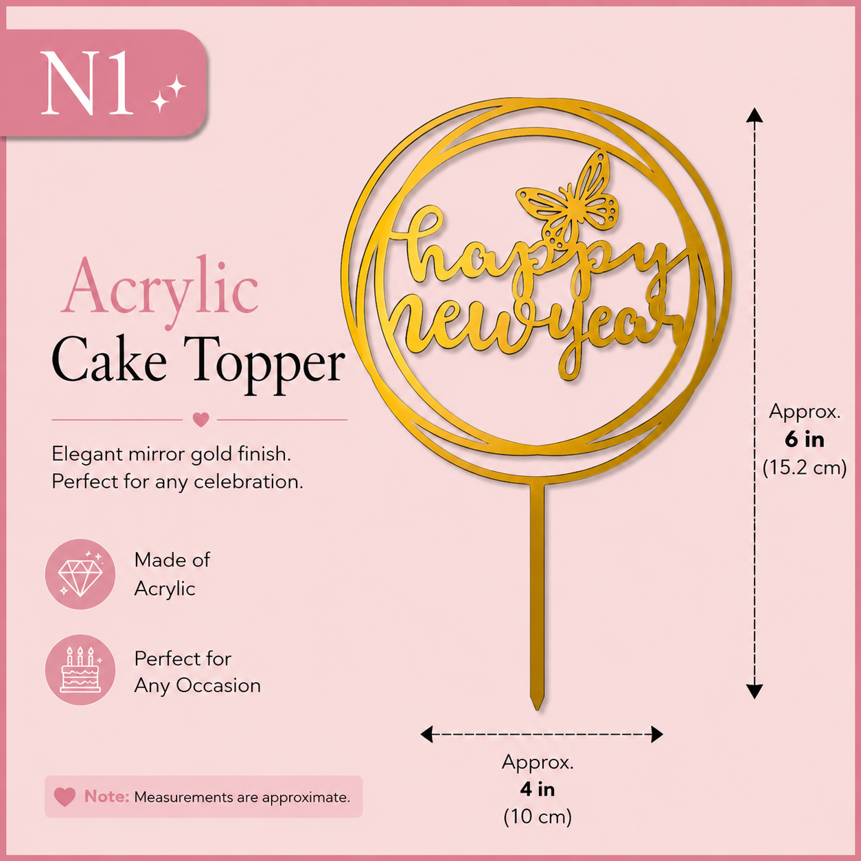 Golden Acrylic Happy Birthday Cake Topper | Mirror Gold Birthday Topper | Elegant Reusable Cake Decoration
