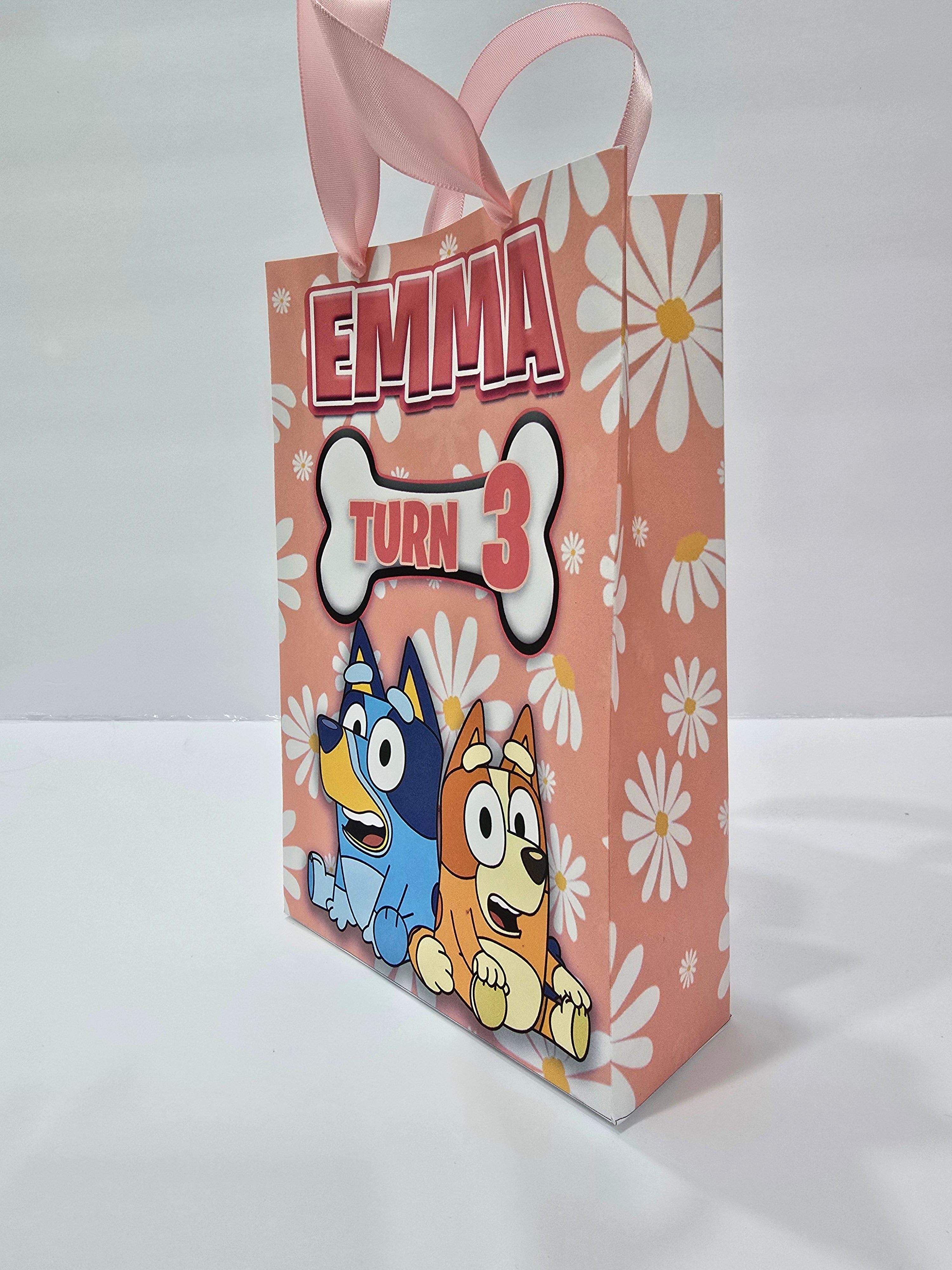 12 pcs Personalized Birthday Gift Bags with Name and Age – Bags with Ribbon Handles- 8.5"x5.5 (Bluey Rosa)