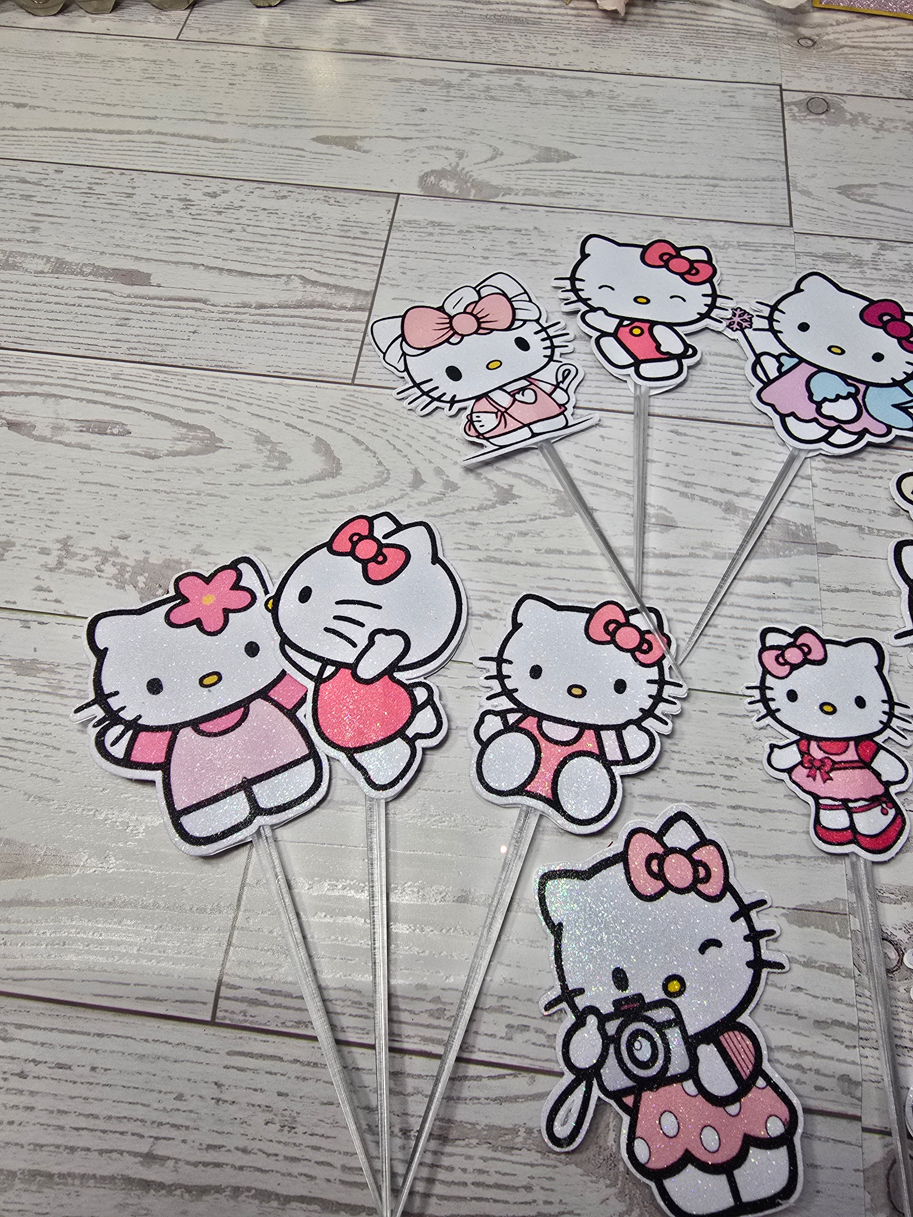 12 Pcs Glitter Cupcake Toppers – 12 Unique Kitty Designs | Birthday Party Picks