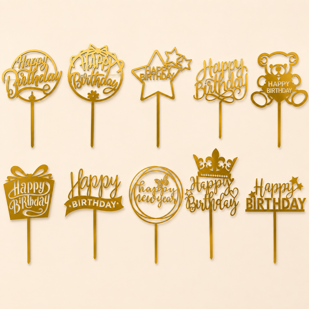Golden Acrylic Happy Birthday Cake Topper | Mirror Gold Birthday Topper | Elegant Reusable Cake Decoration