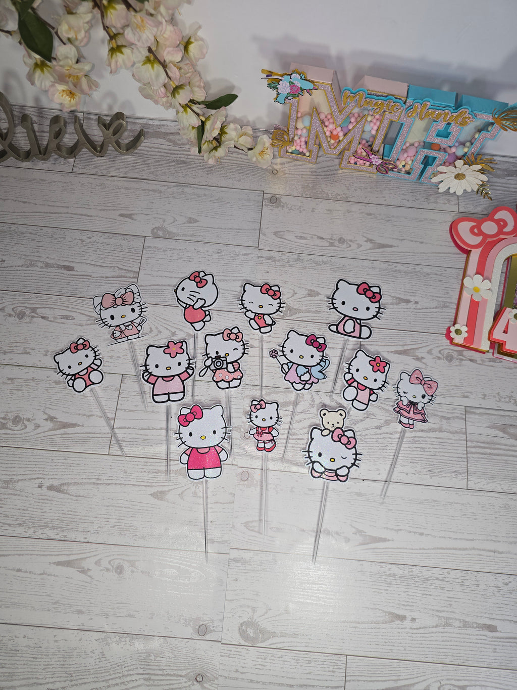 12 Pcs Glitter Cupcake Toppers – 12 Unique Kitty Designs | Birthday Party Picks