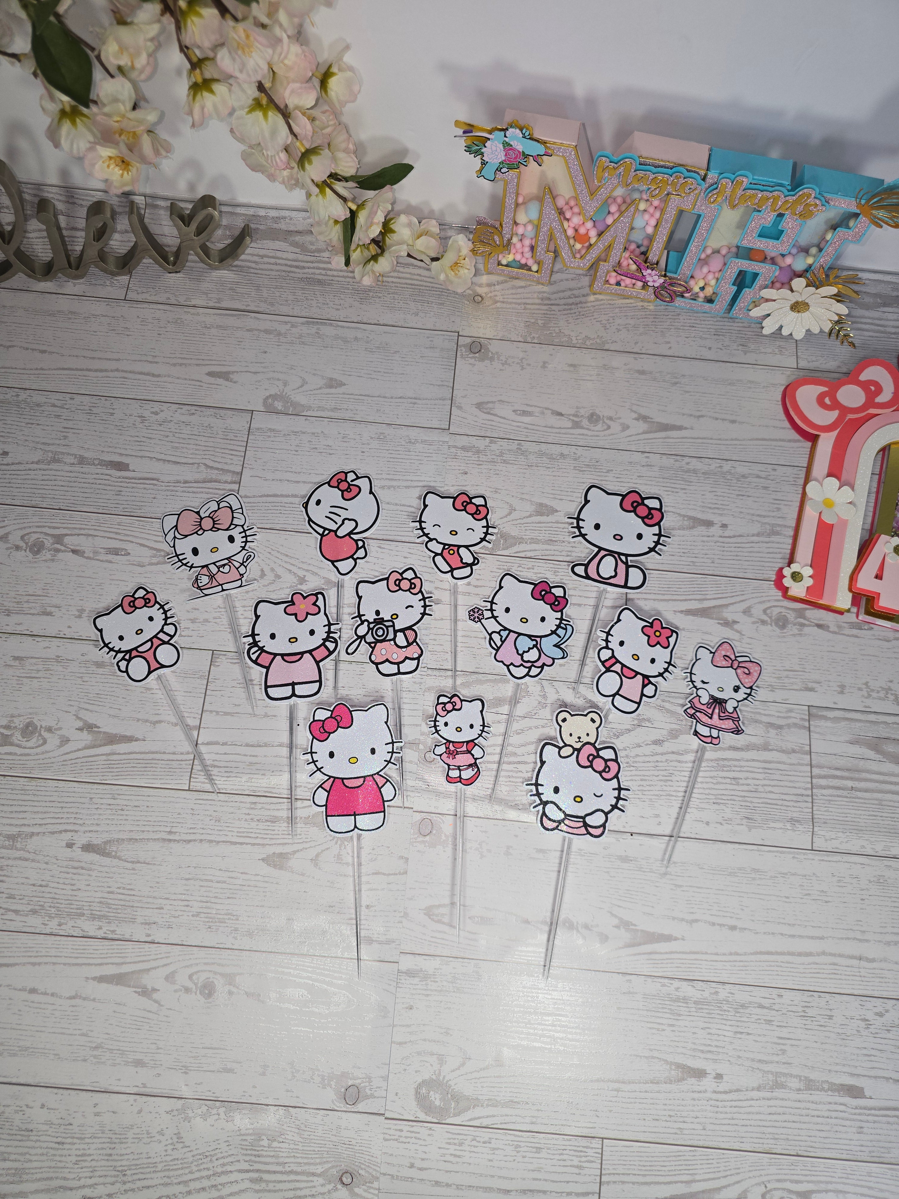 12 Pcs Glitter Cupcake Toppers – 12 Unique Kitty Designs | Birthday Party Picks