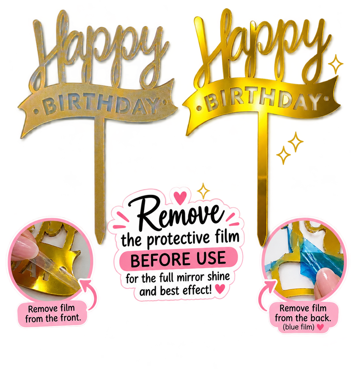 Golden Acrylic Happy Birthday Cake Topper | Mirror Gold Birthday Topper | Elegant Reusable Cake Decoration
