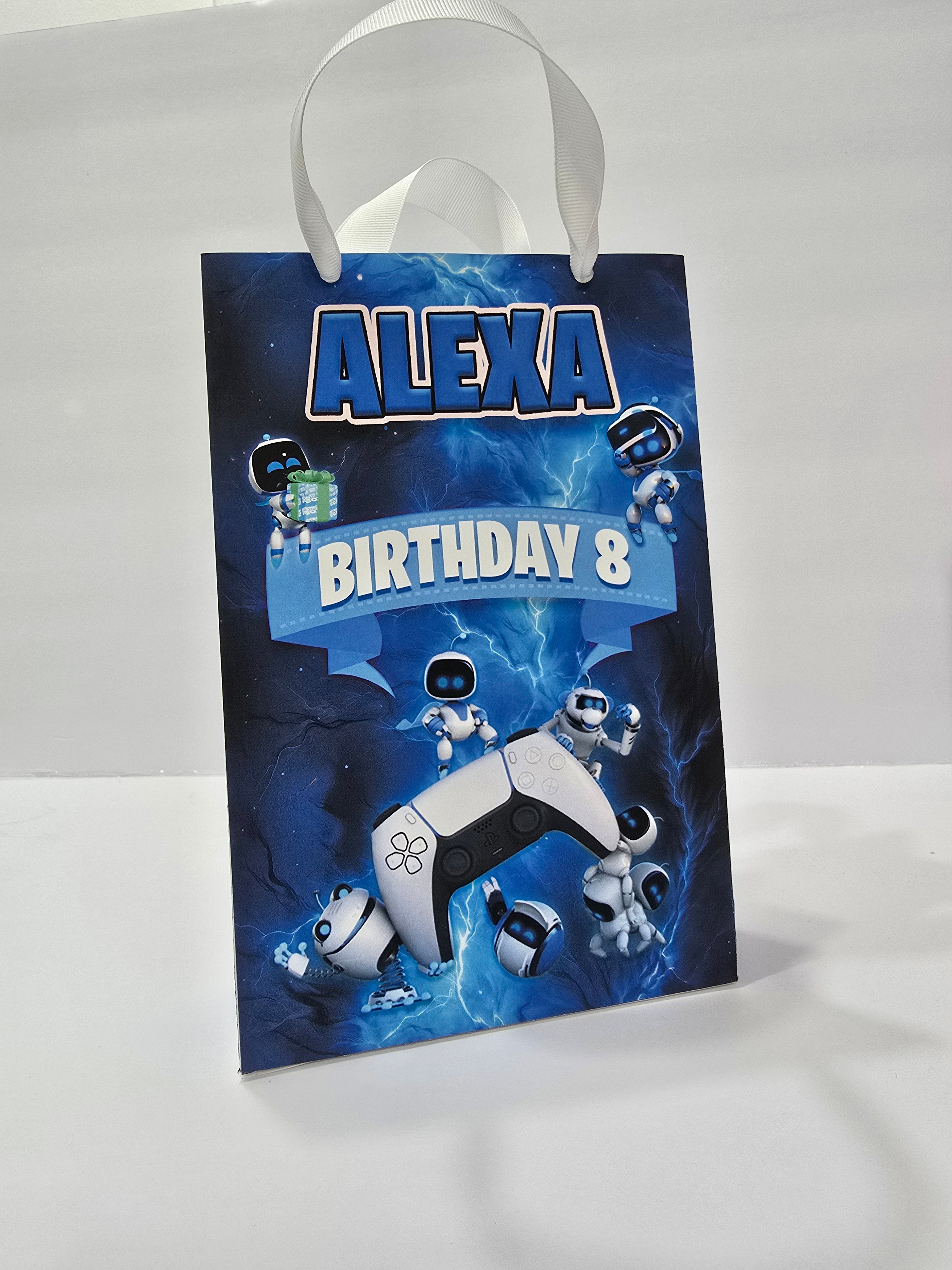 12 pcs Personalized Birthday Gift Bags with Name and Age – Bags with Ribbon Handles- 8.5"x5.5 (Astro bot)