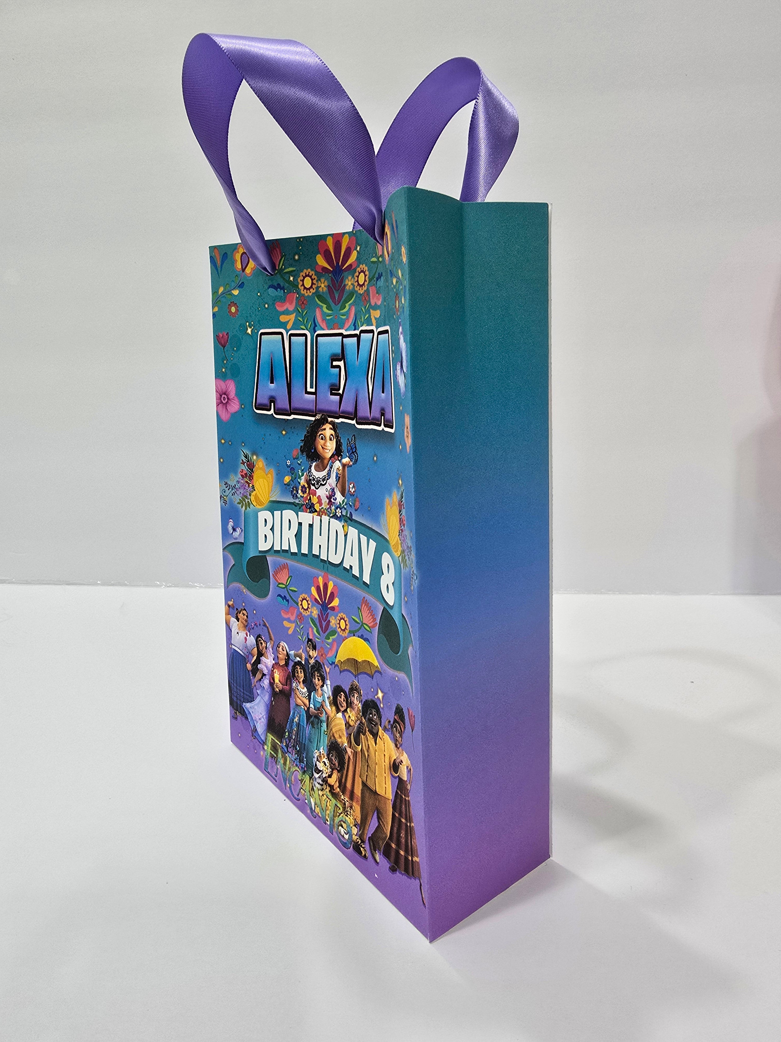 12 pcs Personalized Birthday Gift Bags with Name and Age – Bags with Ribbon Handles- 8.5"x5.5 (Encanto)