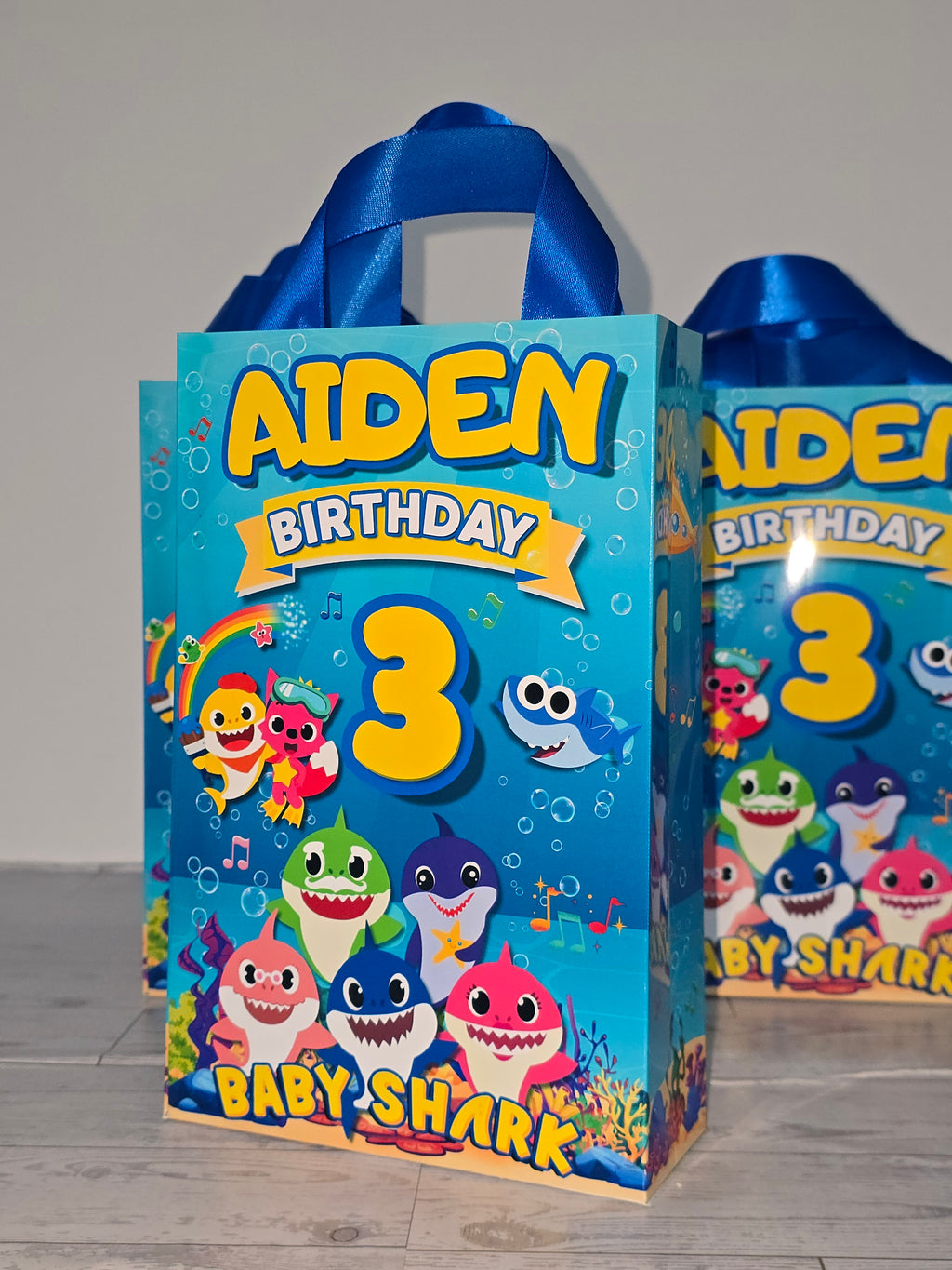 16 pcs Personalized Birthday Gift Bags with Name and Age – Bags with Ribbon Handles- 8.5"x5.5 (Baby Shark