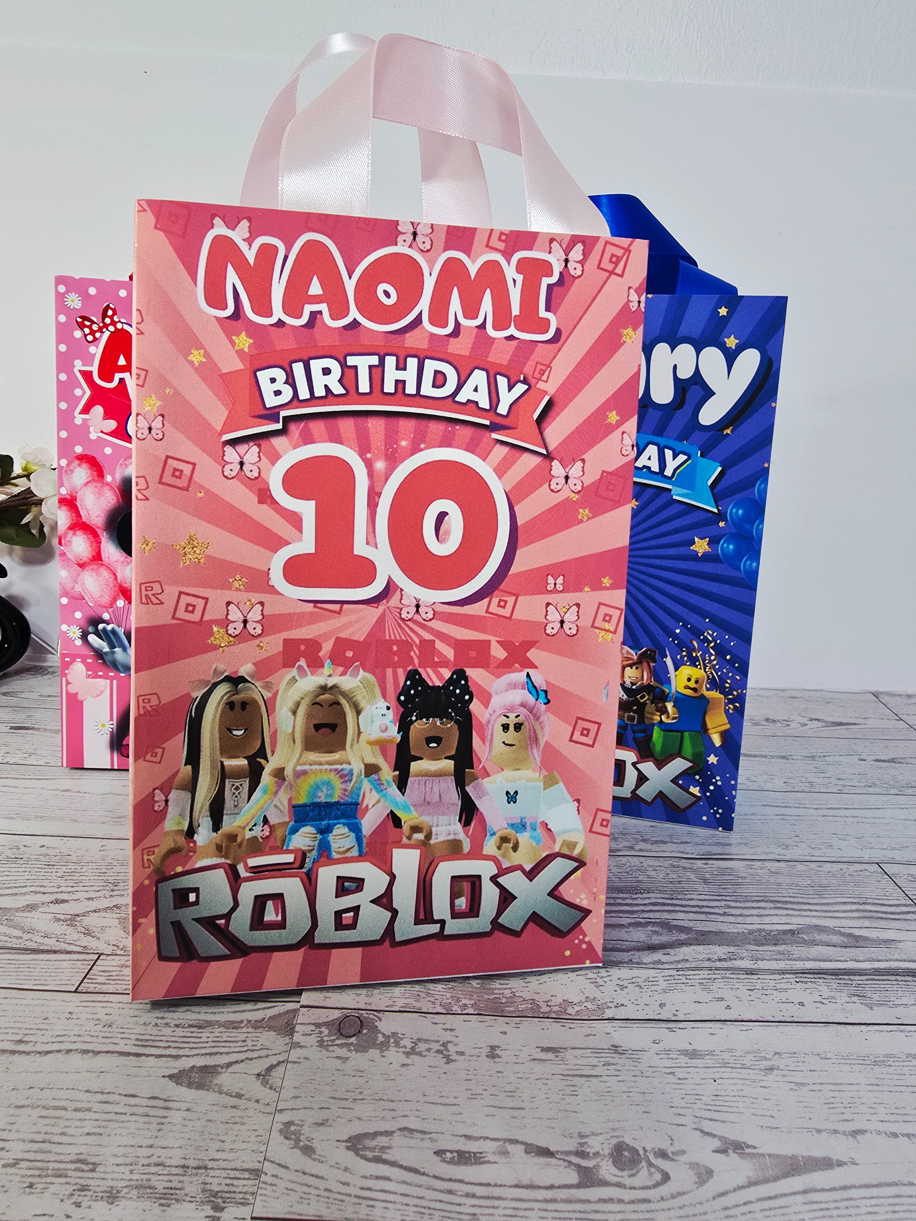12 Personalized Roblox Birthday Gift Bags with Name & Age – 8.5"x5.5" Ribbon Handles