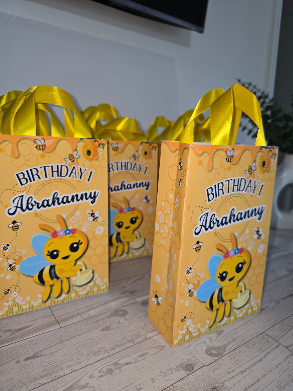12 Personalized Abejita Chiquitica Birthday Gift Bags with Name & Age – 8.5"x5.5" Ribbon Handles