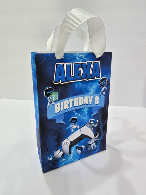 12 pcs Personalized Birthday Gift Bags with Name and Age – Bags with Ribbon Handles- 8.5"x5.5 (Astro bot)