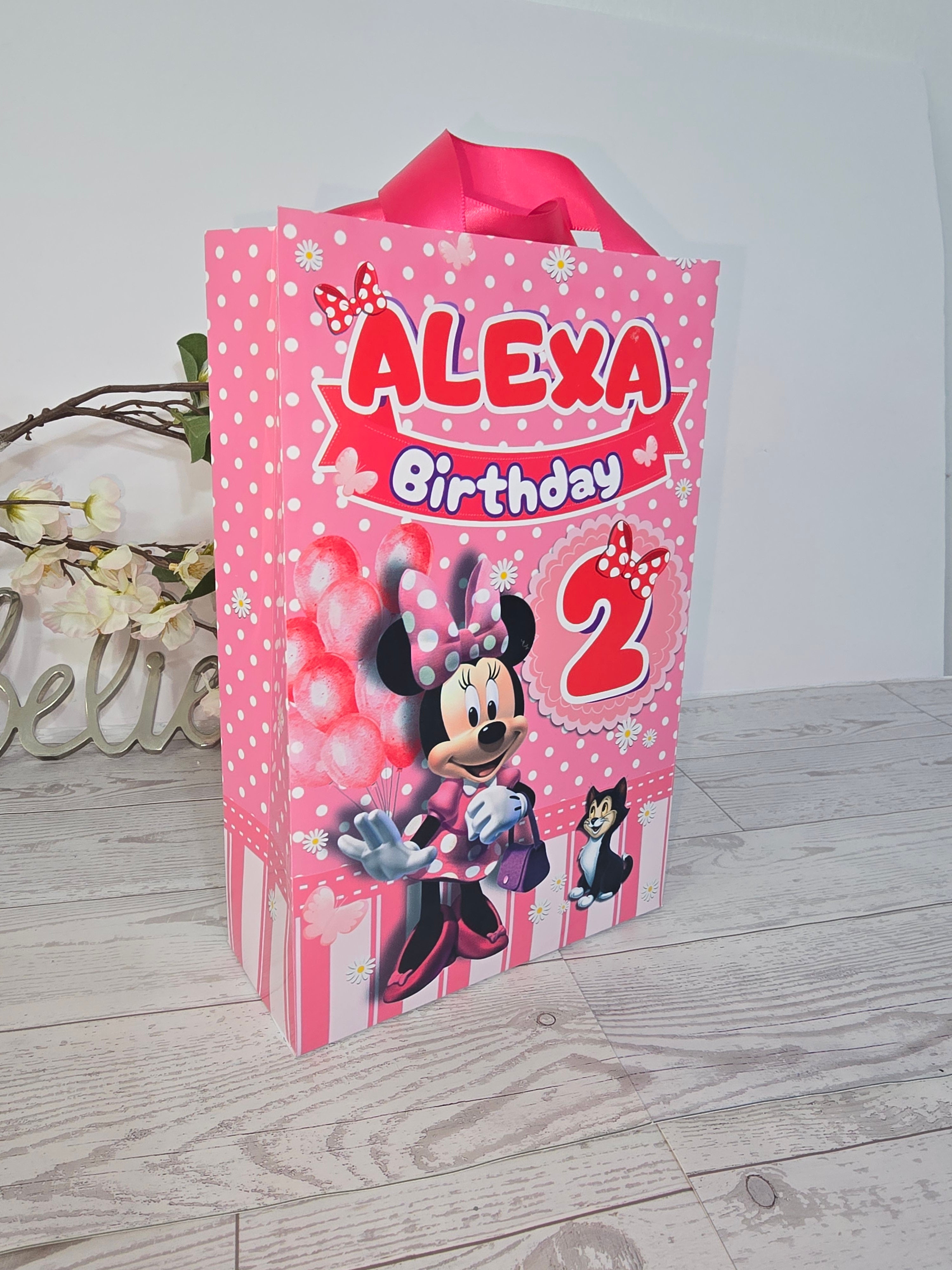 12 pcs Personalized Birthday Gift Bags with Name and Age – Bags with Ribbon Handles- 8.5"x5.5 Minnie