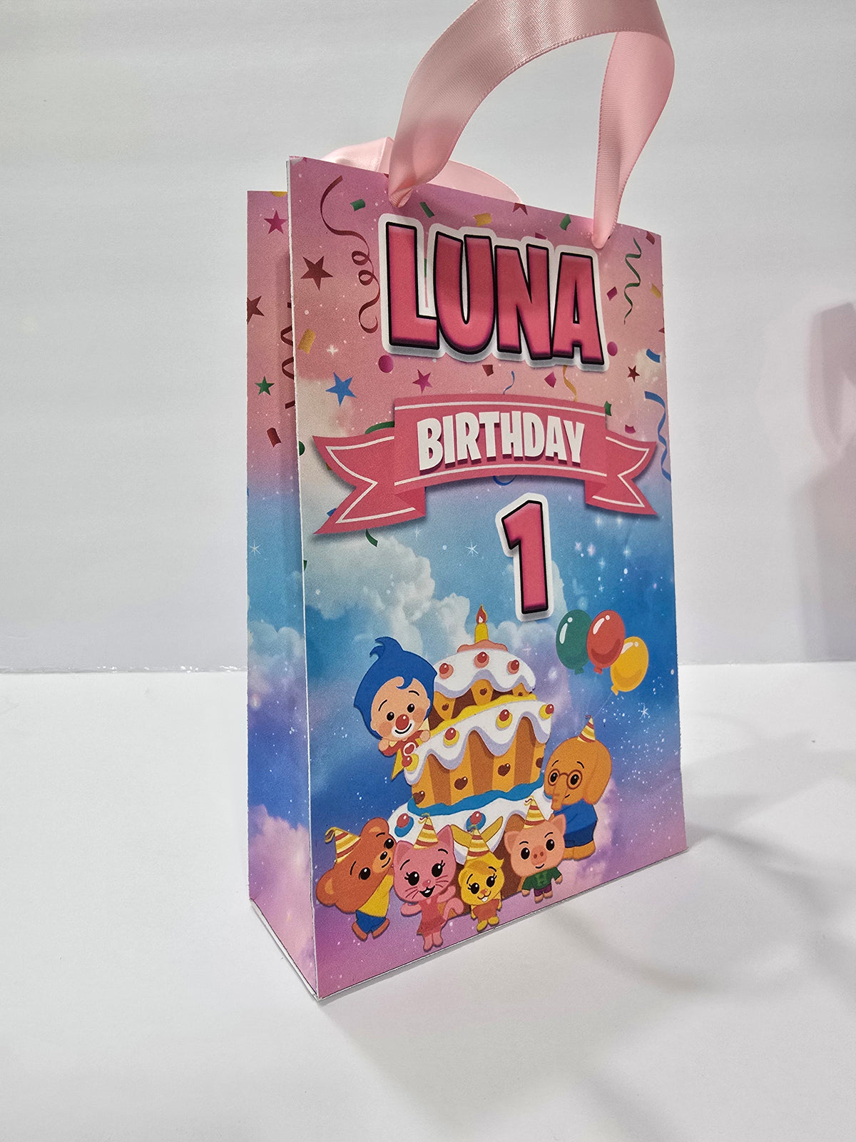 12 pcs Personalized Birthday Gift Bags with Name and Age – Bags with Ribbon Handles- 8.5"x5.5 (Plim plim)