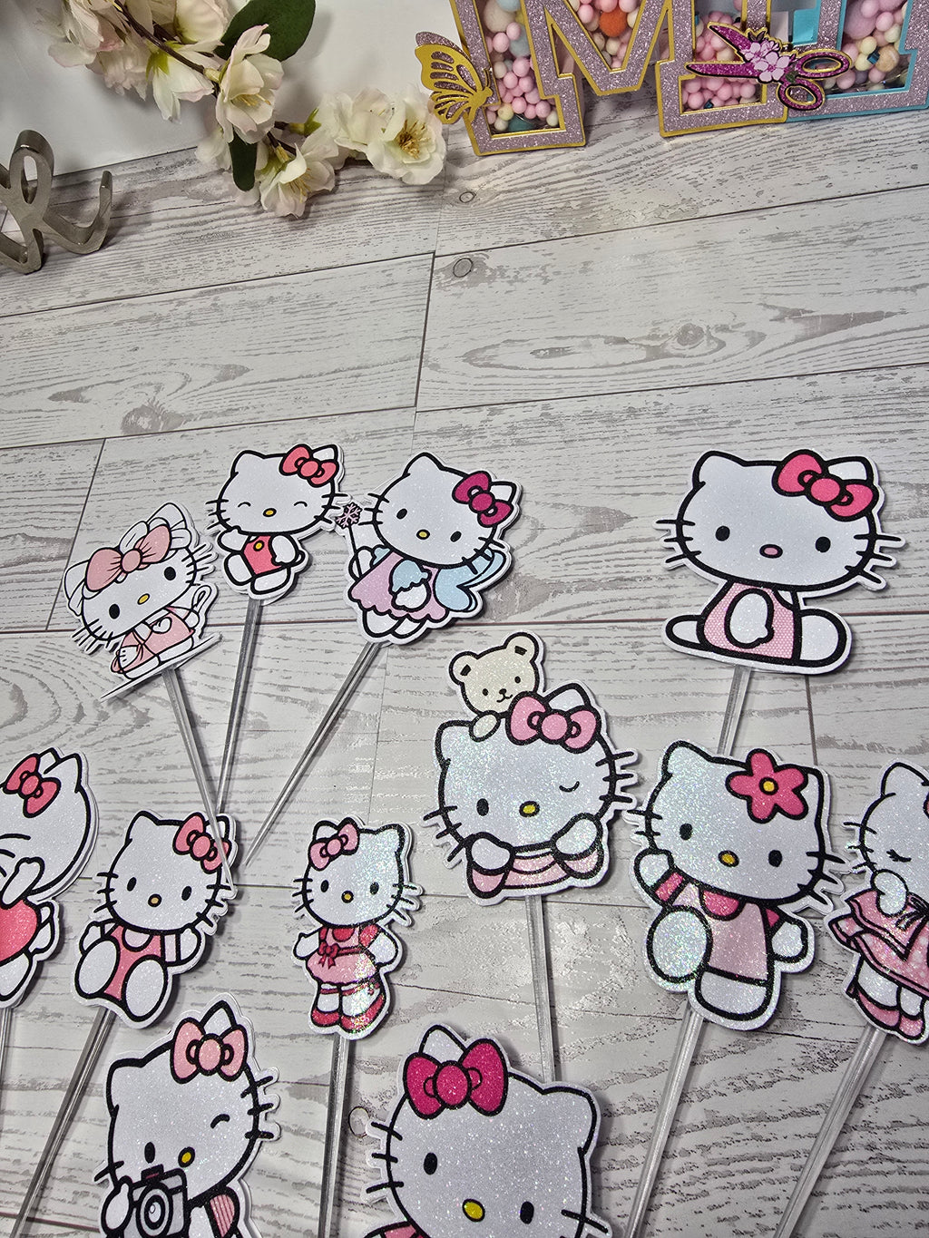 12 Pcs Glitter Cupcake Toppers – 12 Unique Kitty Designs | Birthday Party Picks
