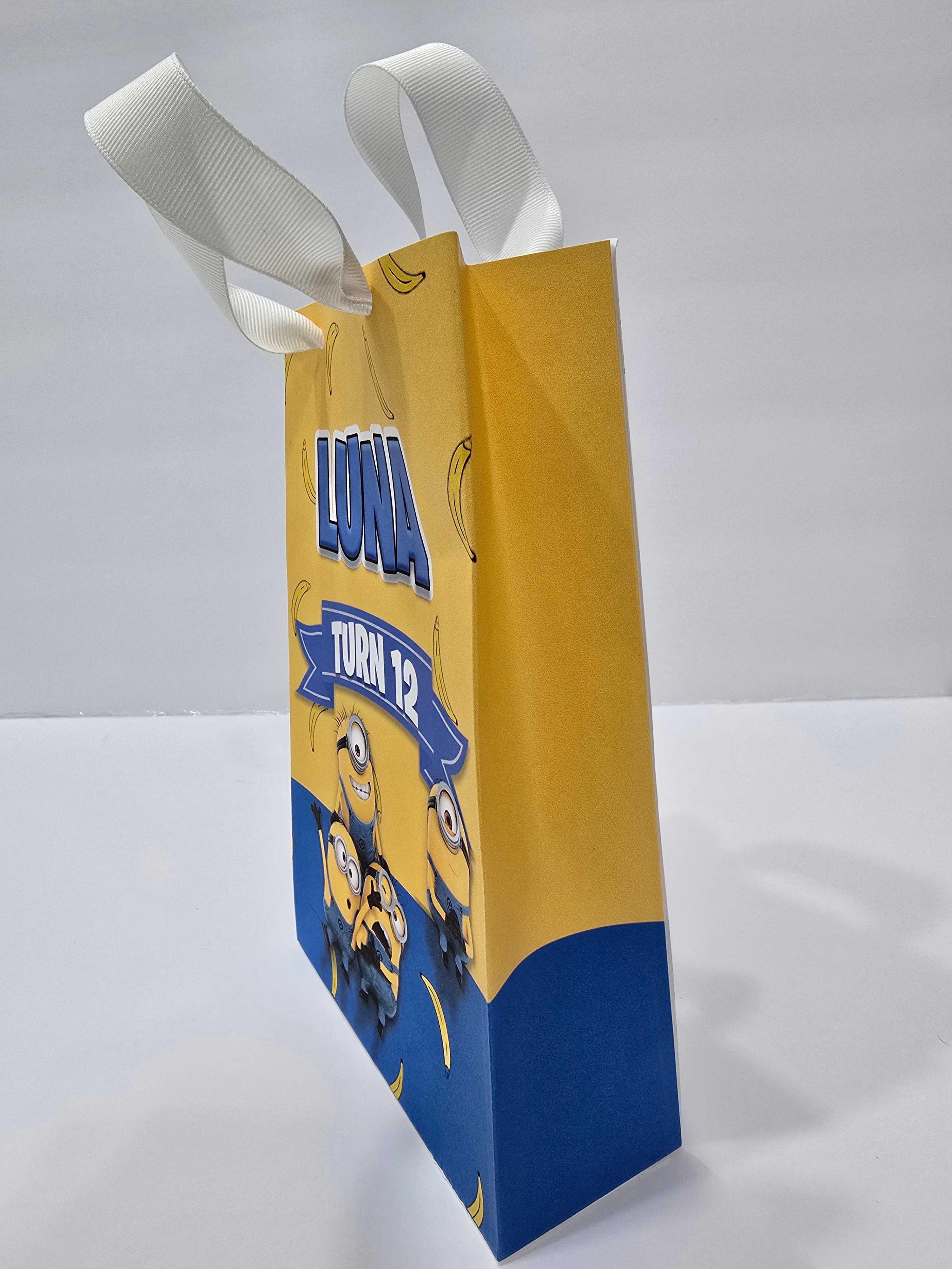 12 pcs Personalized Birthday Gift Bags with Name and Age – Bags with Ribbon Handles- 8.5"x5.5 (Minnions)