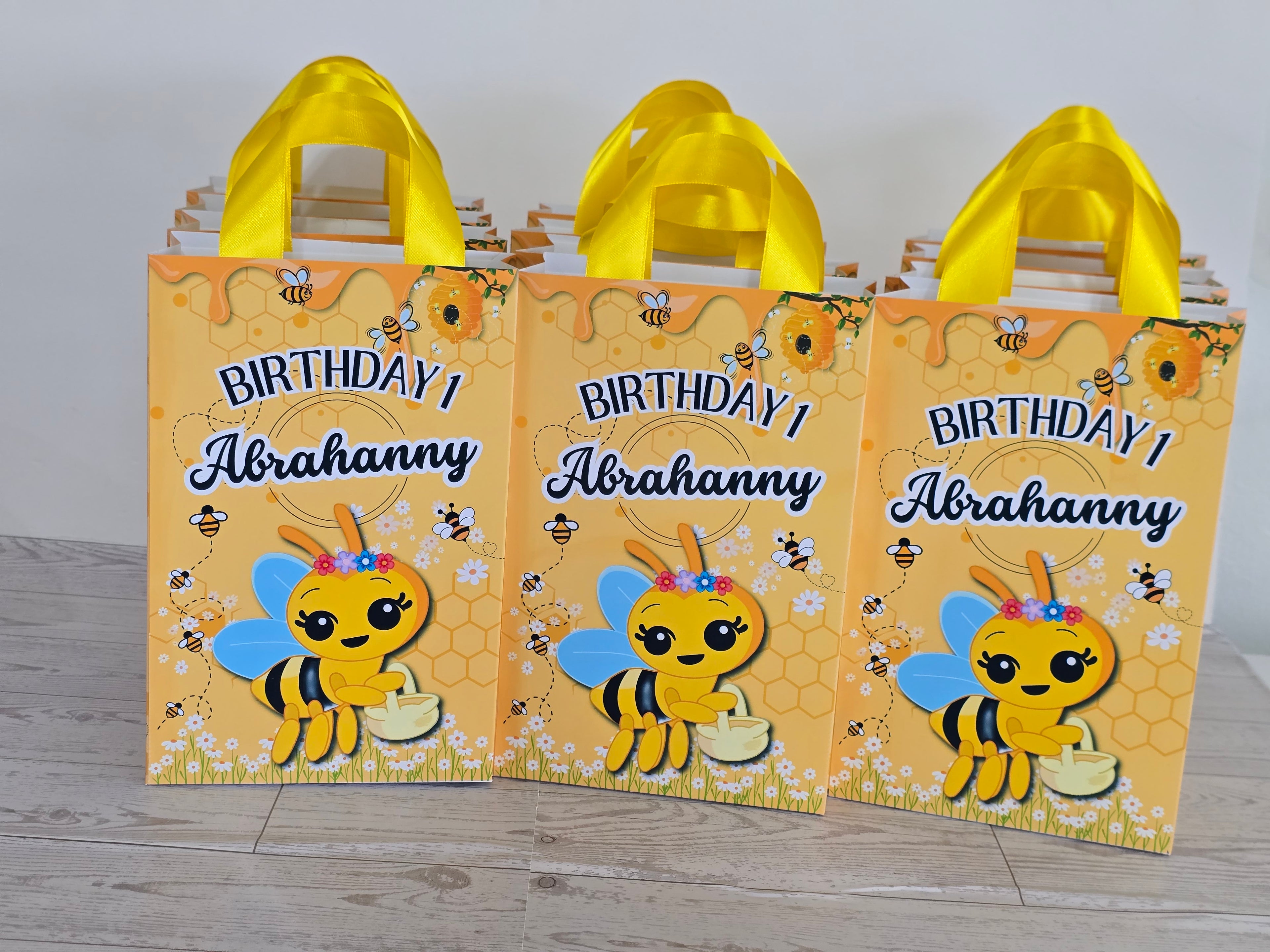 12 Personalized Abejita Chiquitica Birthday Gift Bags with Name & Age – 8.5"x5.5" Ribbon Handles