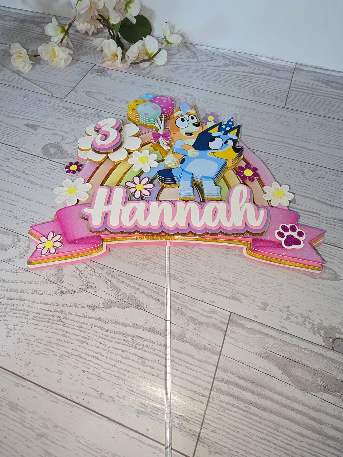 Personalized 3D Glitter Bluey Rainbow Cake Topper | Custom Birthday Party Decoration
