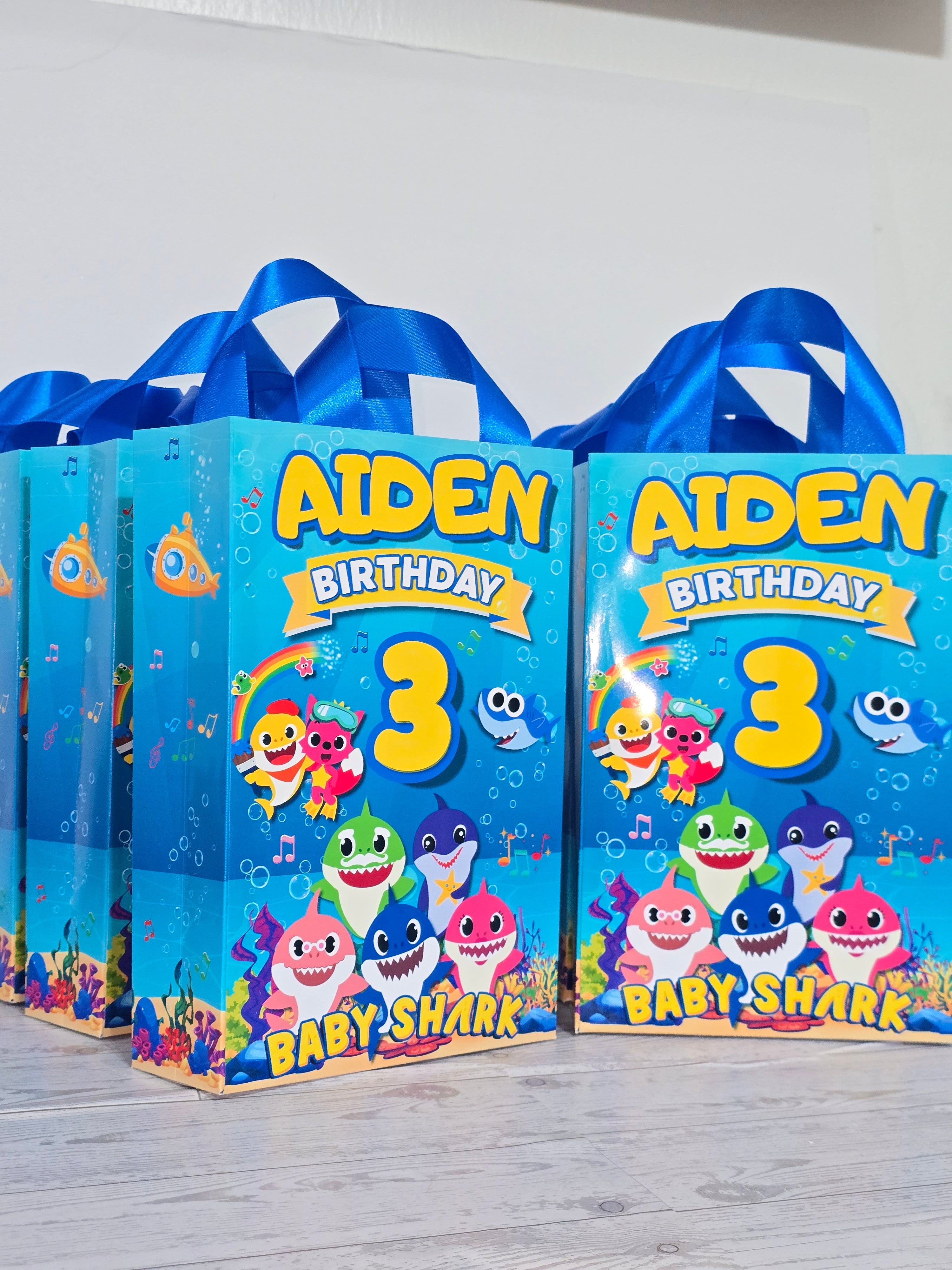 16 pcs Personalized Birthday Gift Bags with Name and Age – Bags with Ribbon Handles- 8.5"x5.5 (Baby Shark