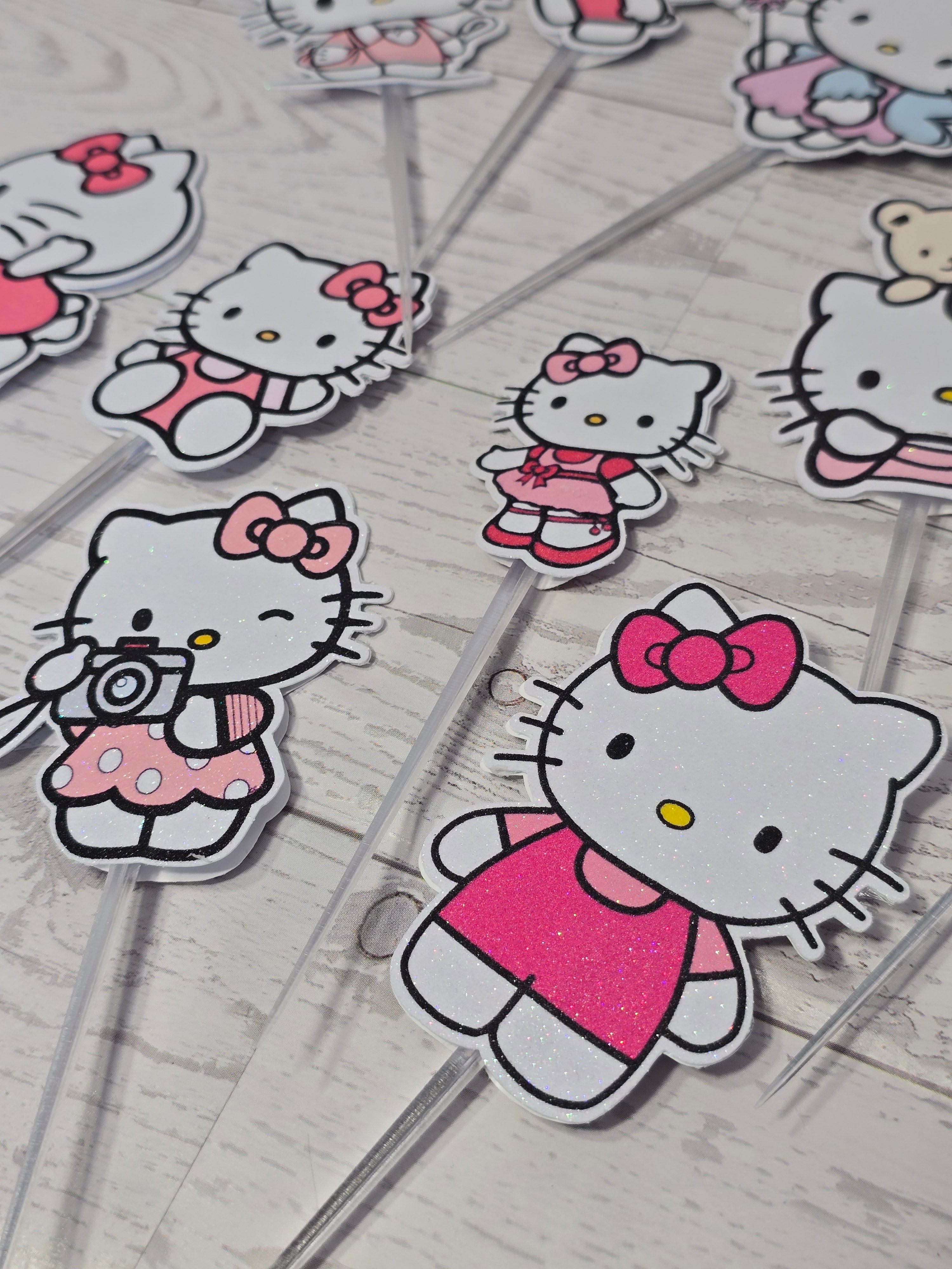 12 Pcs Glitter Cupcake Toppers – 12 Unique Kitty Designs | Birthday Party Picks