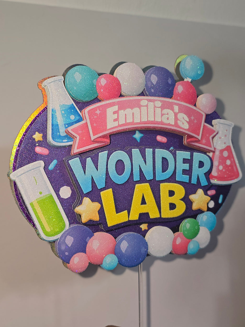 Personalized 3D Wonder Lab Cake Topper – Glitter with Name & Age