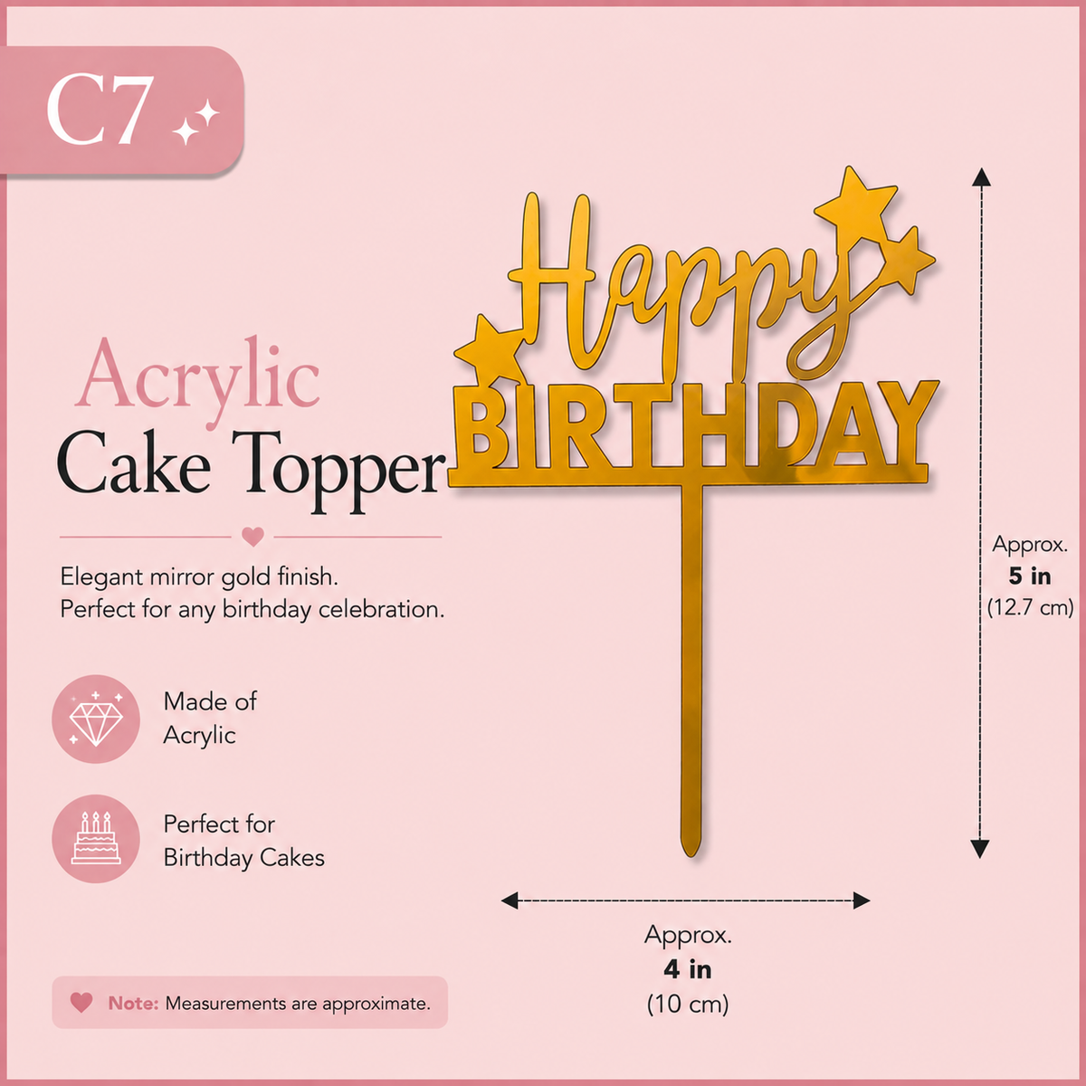 Golden Acrylic Happy Birthday Cake Topper | Mirror Gold Birthday Topper | Elegant Reusable Cake Decoration