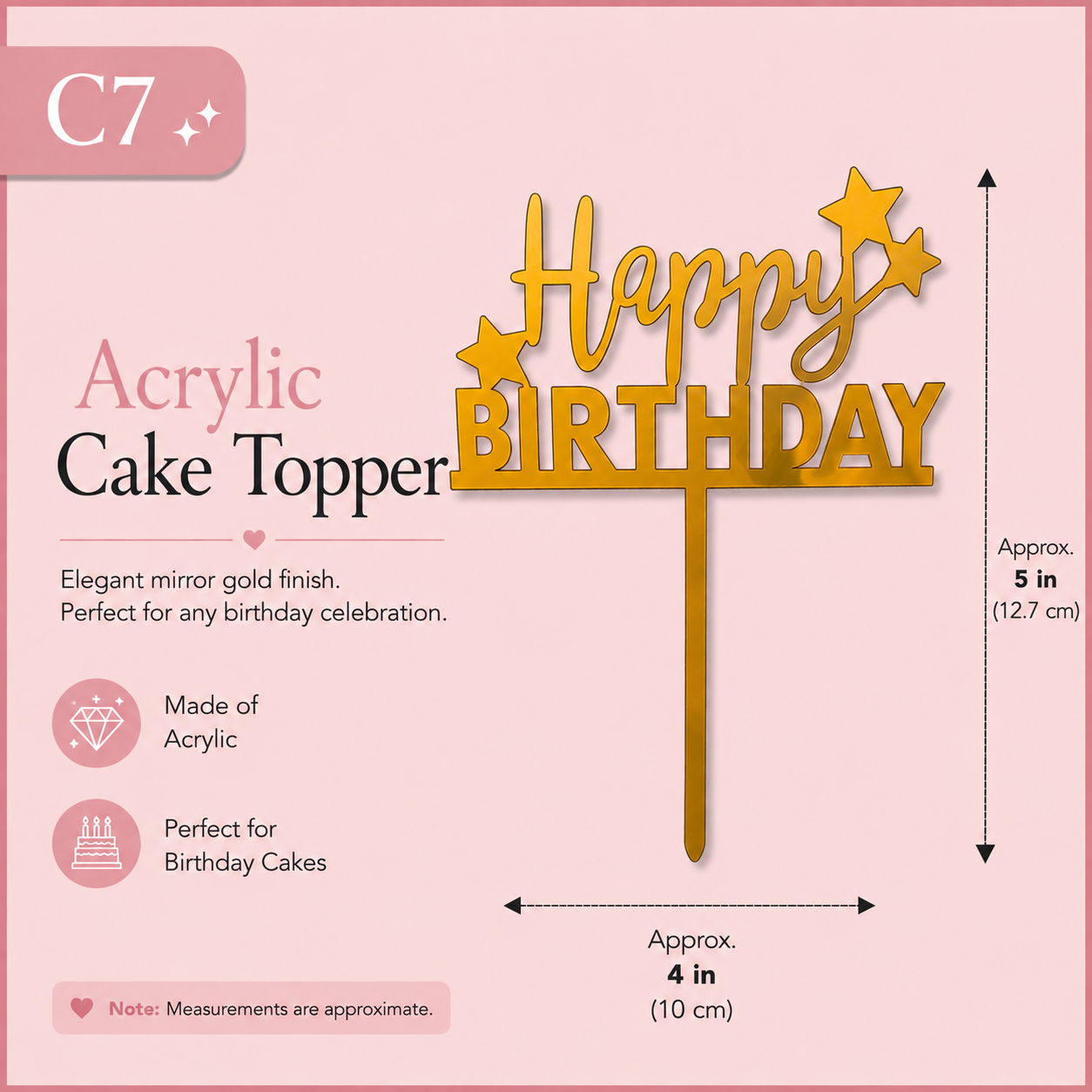 Golden Acrylic Happy Birthday Cake Topper | Mirror Gold Birthday Topper | Elegant Reusable Cake Decoration
