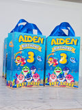 16 pcs Personalized Birthday Gift Bags with Name and Age – Bags with Ribbon Handles- 8.5"x5.5 (Baby Shark