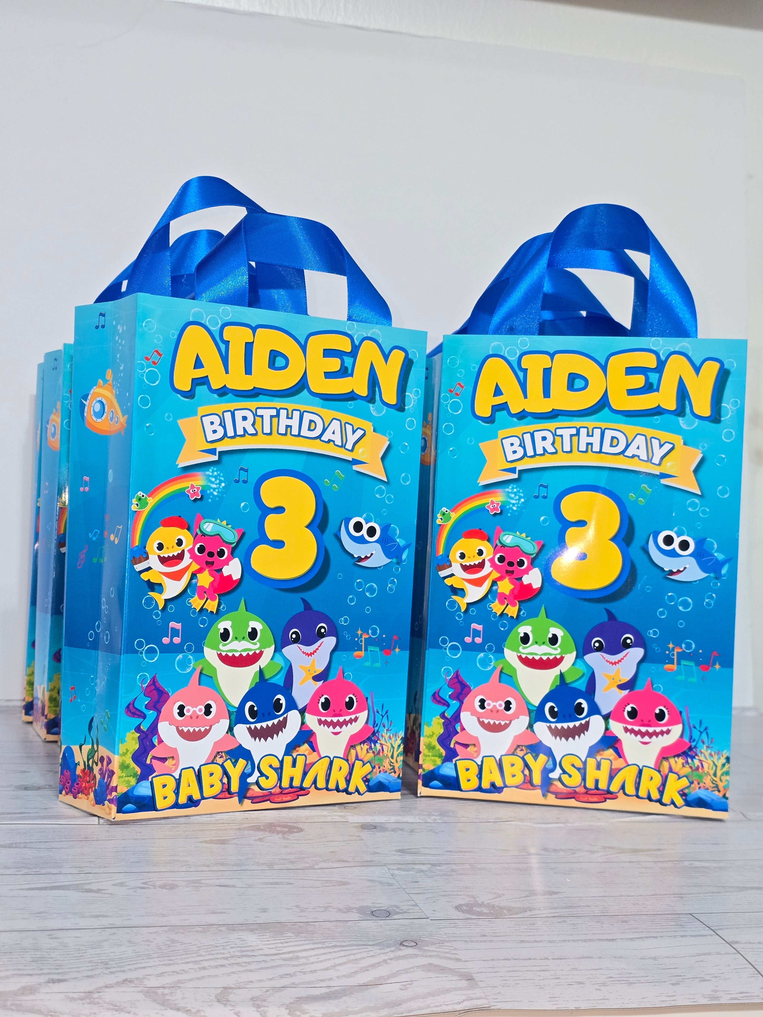 16 pcs Personalized Birthday Gift Bags with Name and Age – Bags with Ribbon Handles- 8.5"x5.5 (Baby Shark
