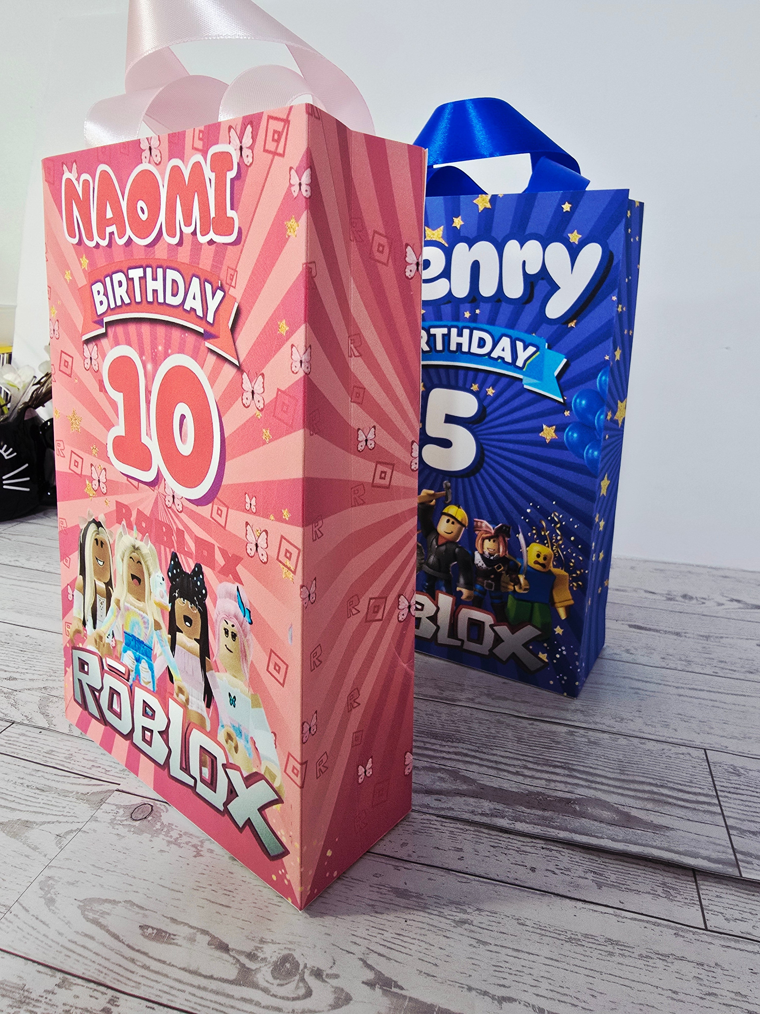 12 Personalized Roblox Birthday Gift Bags with Name & Age – 8.5"x5.5" Ribbon Handles