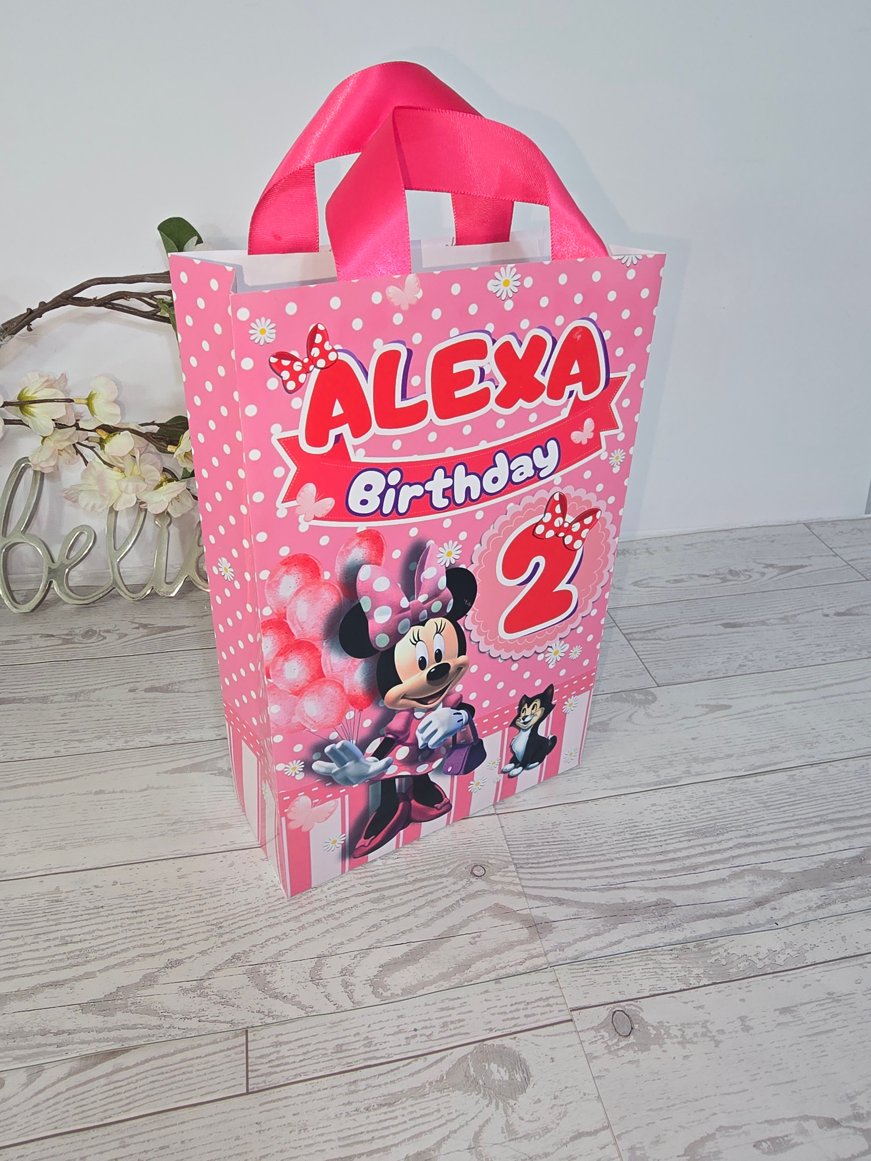 12 pcs Personalized Birthday Gift Bags with Name and Age – Bags with Ribbon Handles- 8.5"x5.5 Minnie