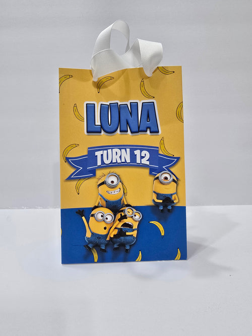 12 pcs Personalized Birthday Gift Bags with Name and Age – Bags with Ribbon Handles- 8.5"x5.5 (Minnions)