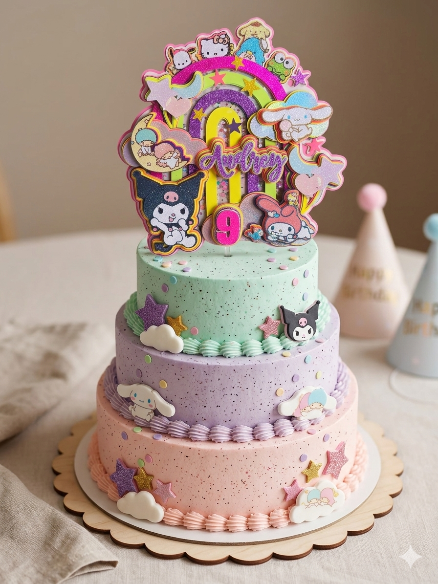 Cake Topper 3D Personalizado Sanrio Neon - Glitter con Nombre y Edad