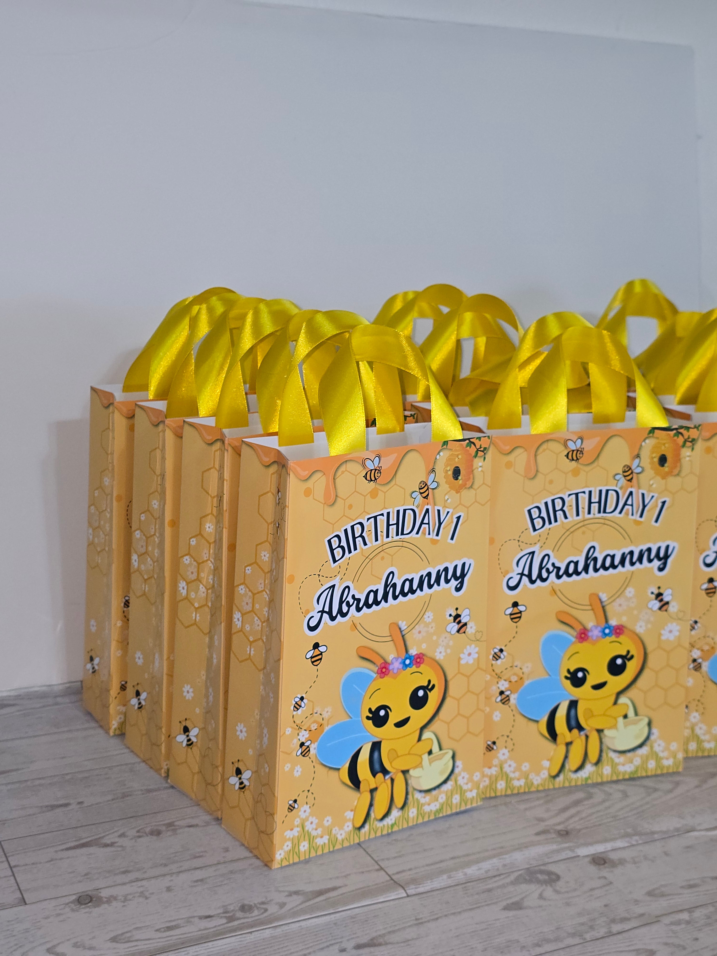 12 Personalized Abejita Chiquitica Birthday Gift Bags with Name & Age – 8.5"x5.5" Ribbon Handles
