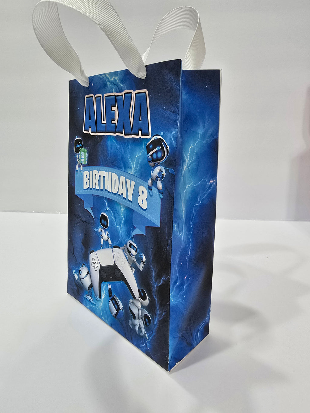 12 pcs Personalized Birthday Gift Bags with Name and Age – Bags with Ribbon Handles- 8.5"x5.5 (Astro bot)