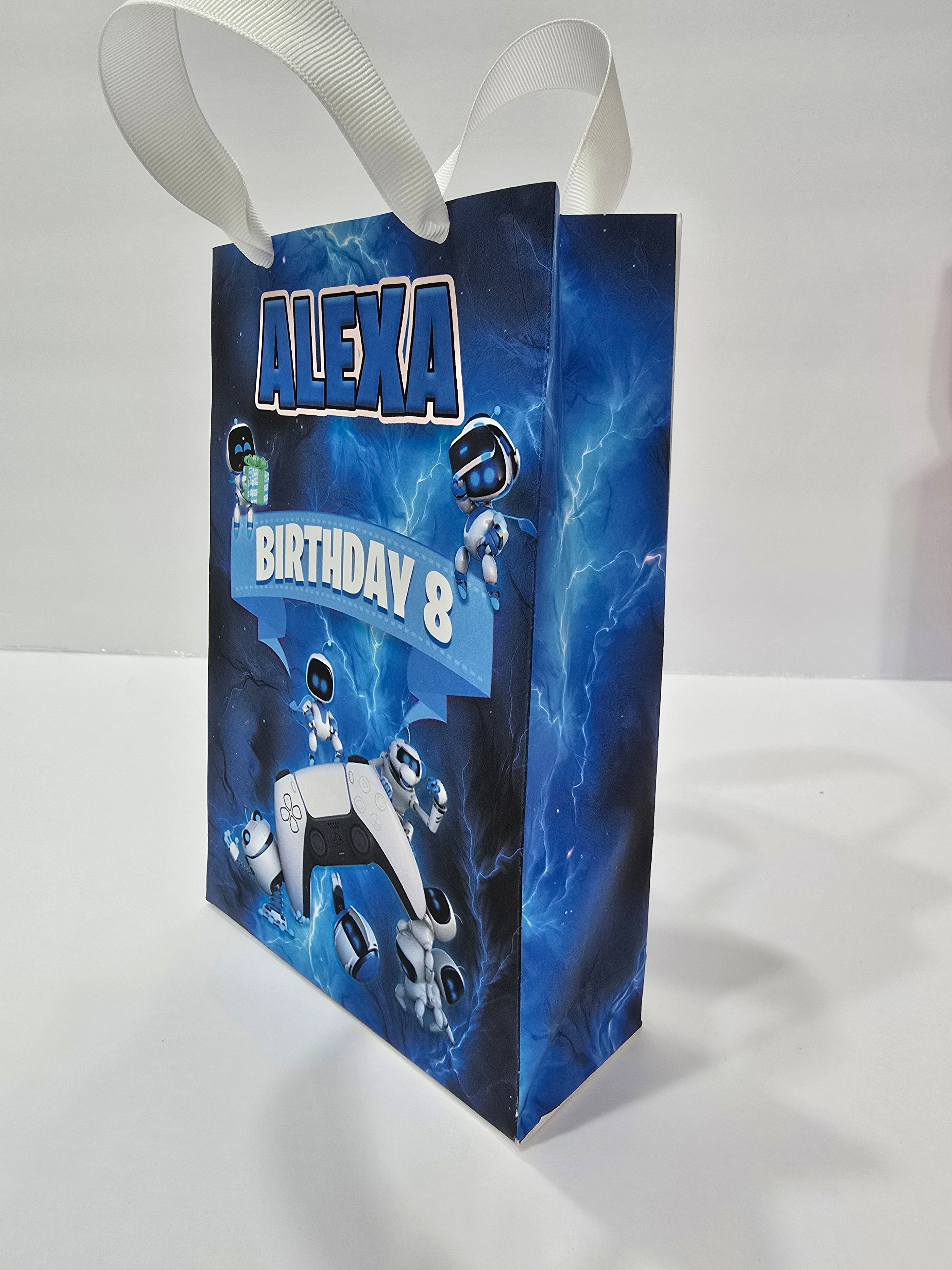 12 pcs Personalized Birthday Gift Bags with Name and Age – Bags with Ribbon Handles- 8.5"x5.5 (Astro bot)