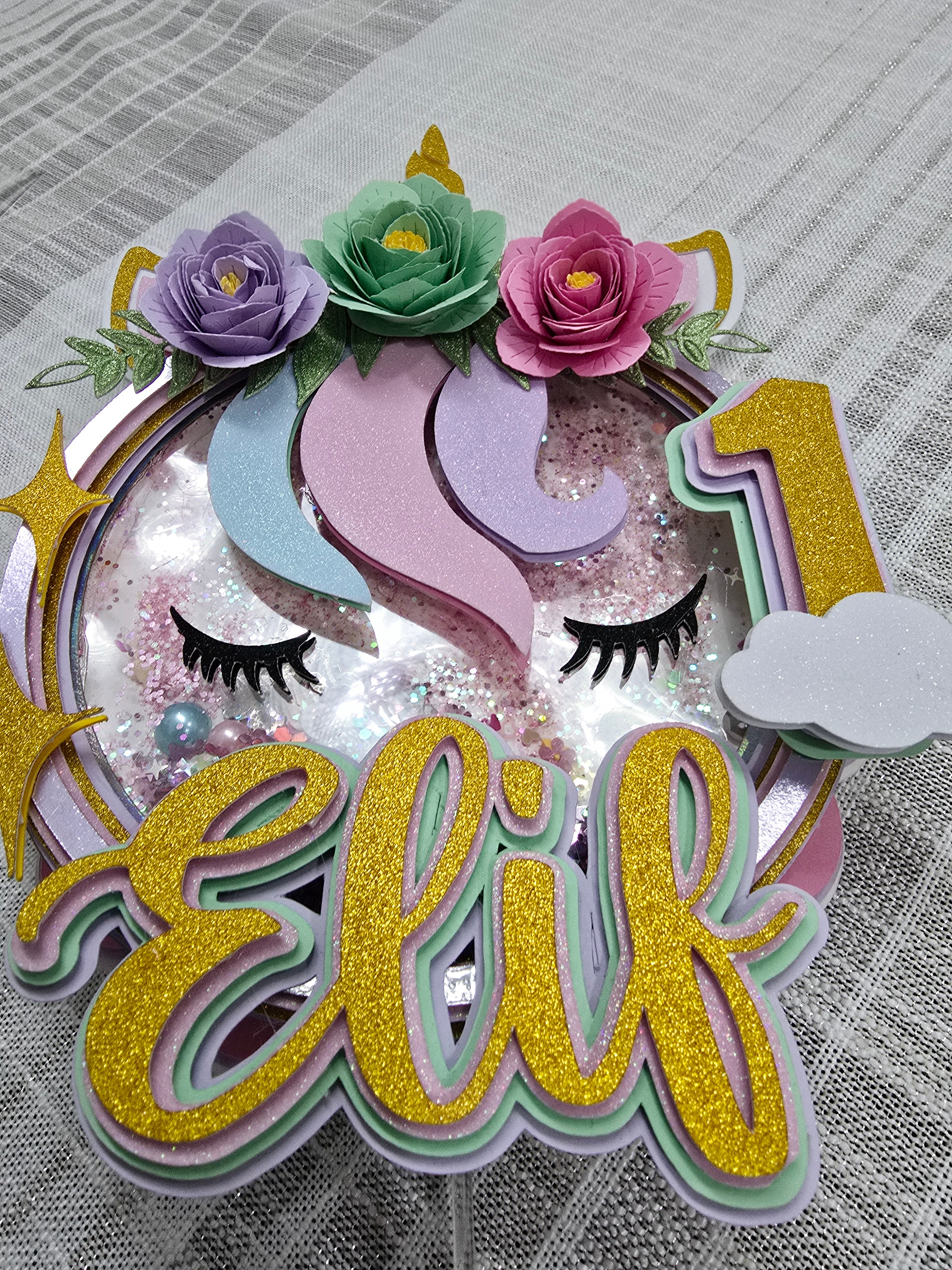 Personalized 3D Glitter Unicorn Cake Topper
