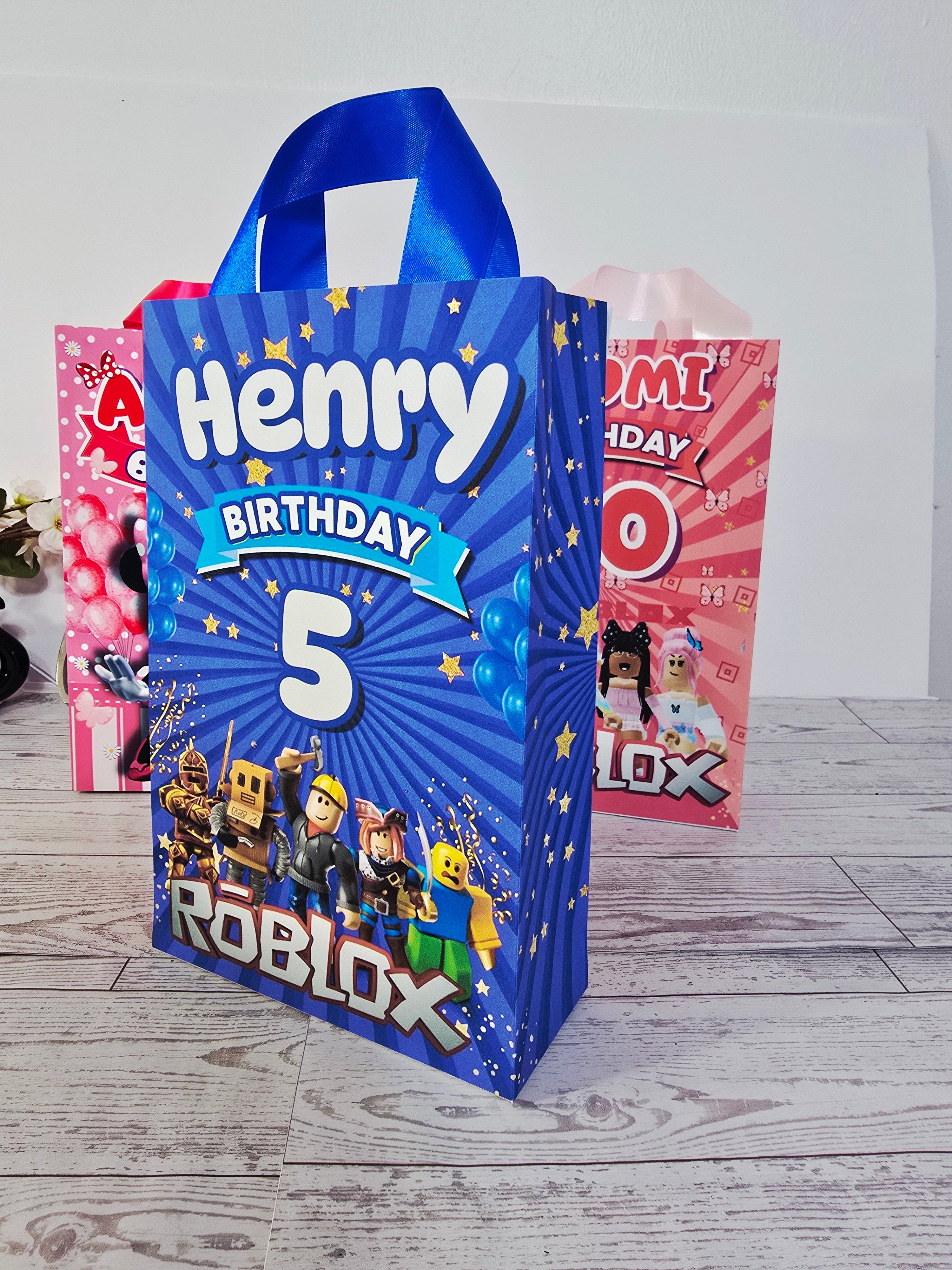 12 Personalized Roblox Birthday Gift Bags with Name & Age – 8.5"x5.5" Ribbon Handles