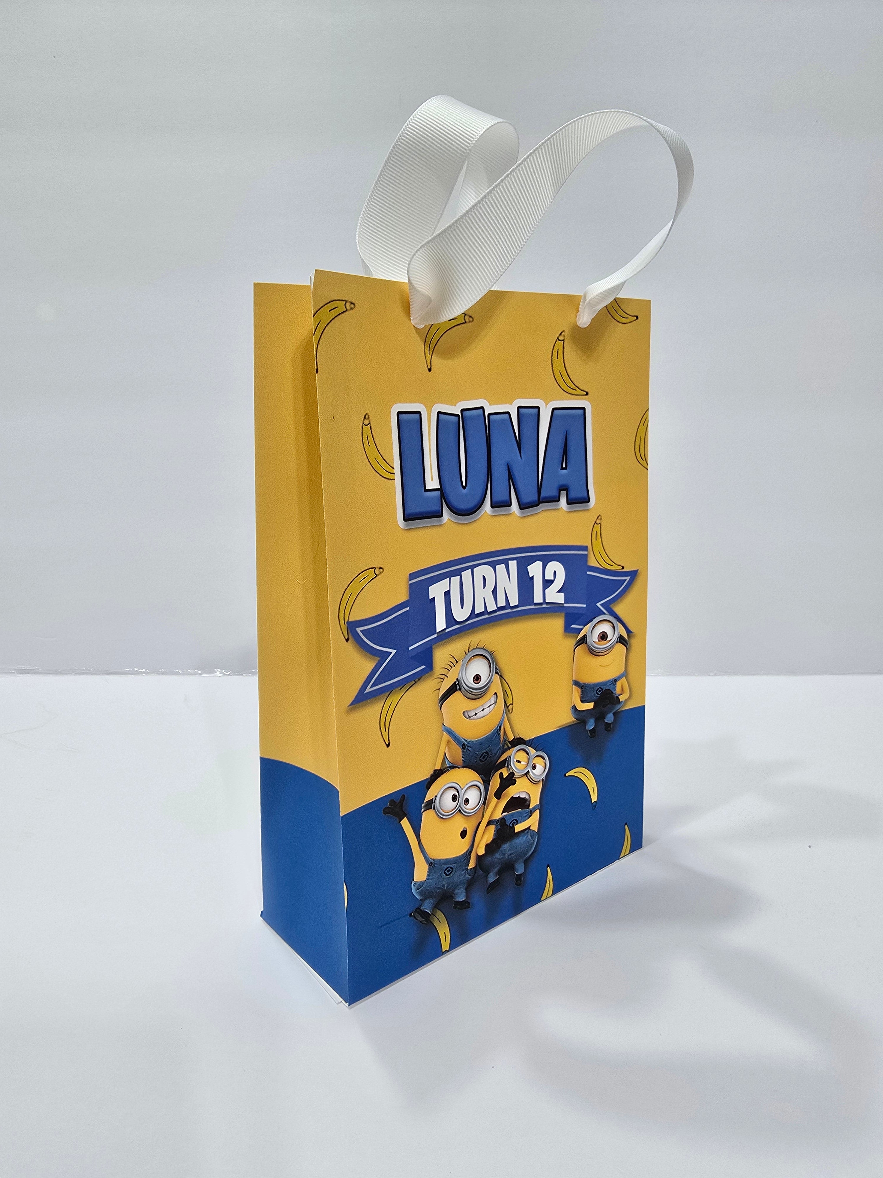 12 pcs Personalized Birthday Gift Bags with Name and Age – Bags with Ribbon Handles- 8.5"x5.5 (Minnions)