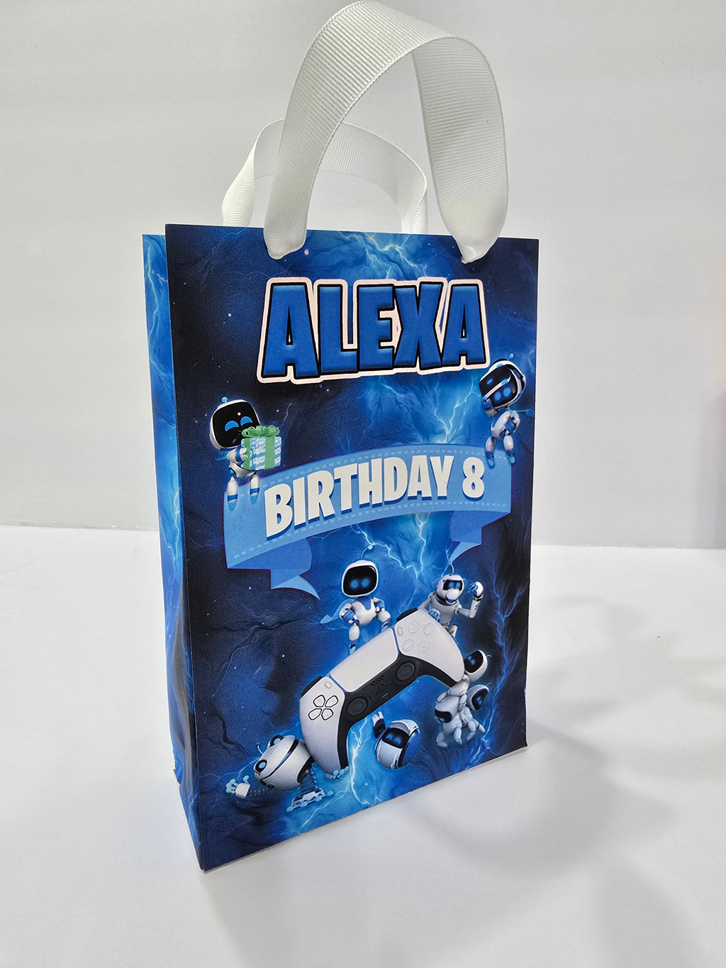 12 pcs Personalized Birthday Gift Bags with Name and Age – Bags with Ribbon Handles- 8.5"x5.5 (Astro bot)