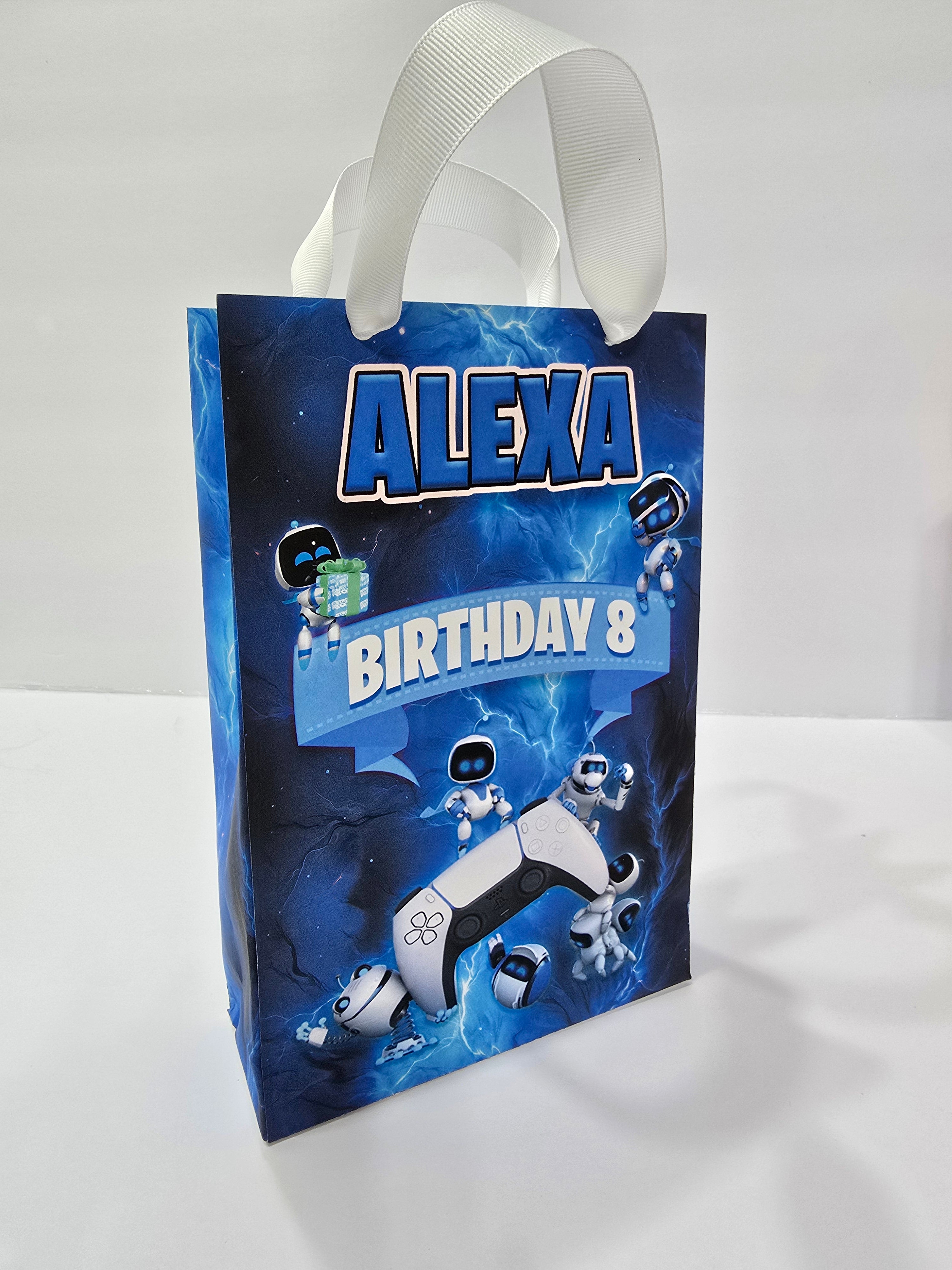 12 pcs Personalized Birthday Gift Bags with Name and Age – Bags with Ribbon Handles- 8.5"x5.5 (Astro bot)