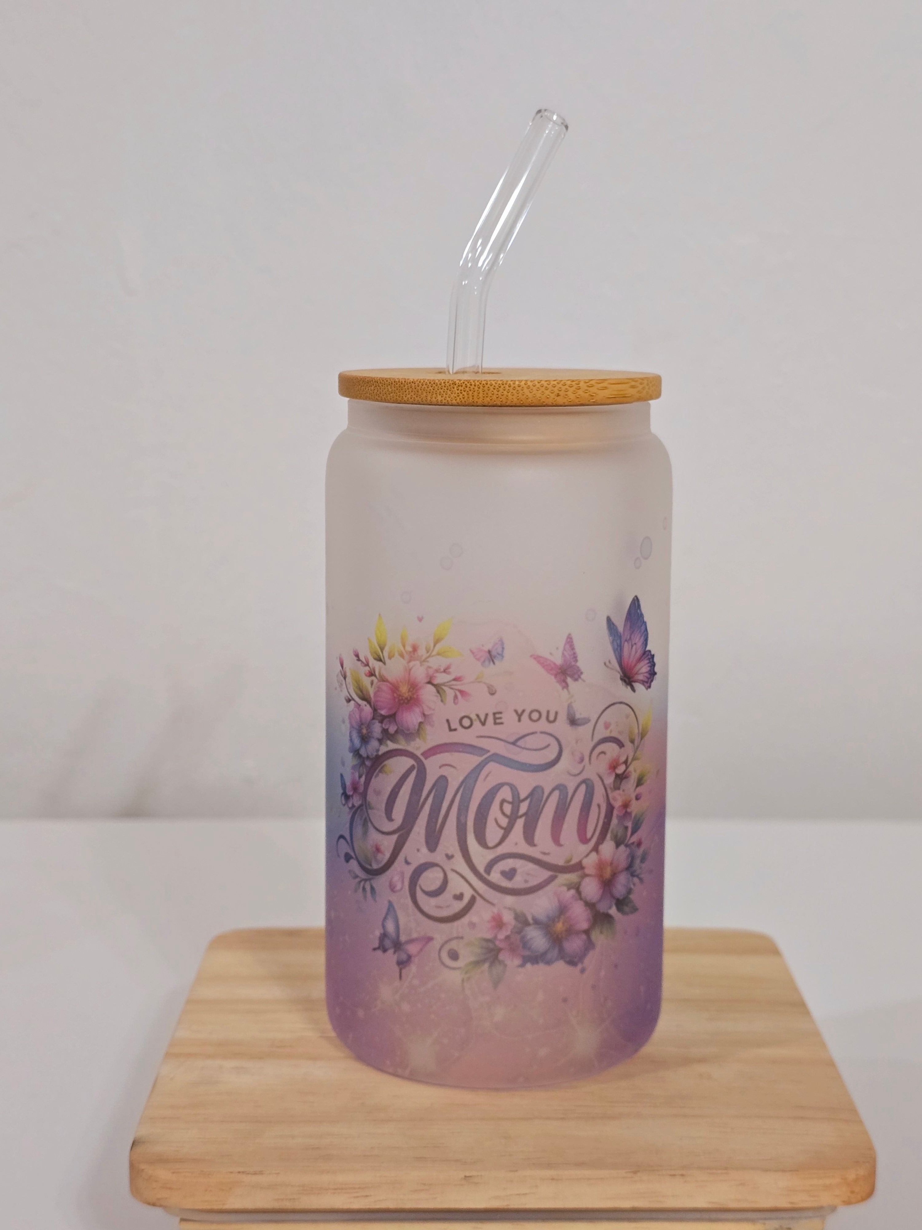 Personalized Glass Tumbler with Bamboo Lid & Glass Straw – Mother's Day Gift