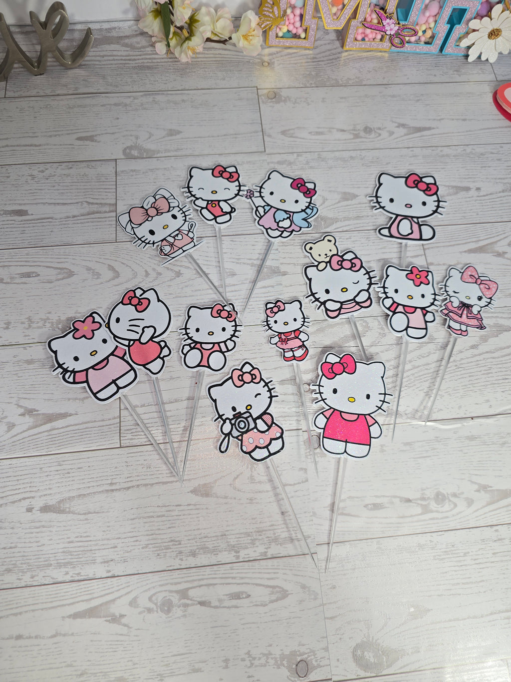 12 Pcs Glitter Cupcake Toppers – 12 Unique Kitty Designs | Birthday Party Picks