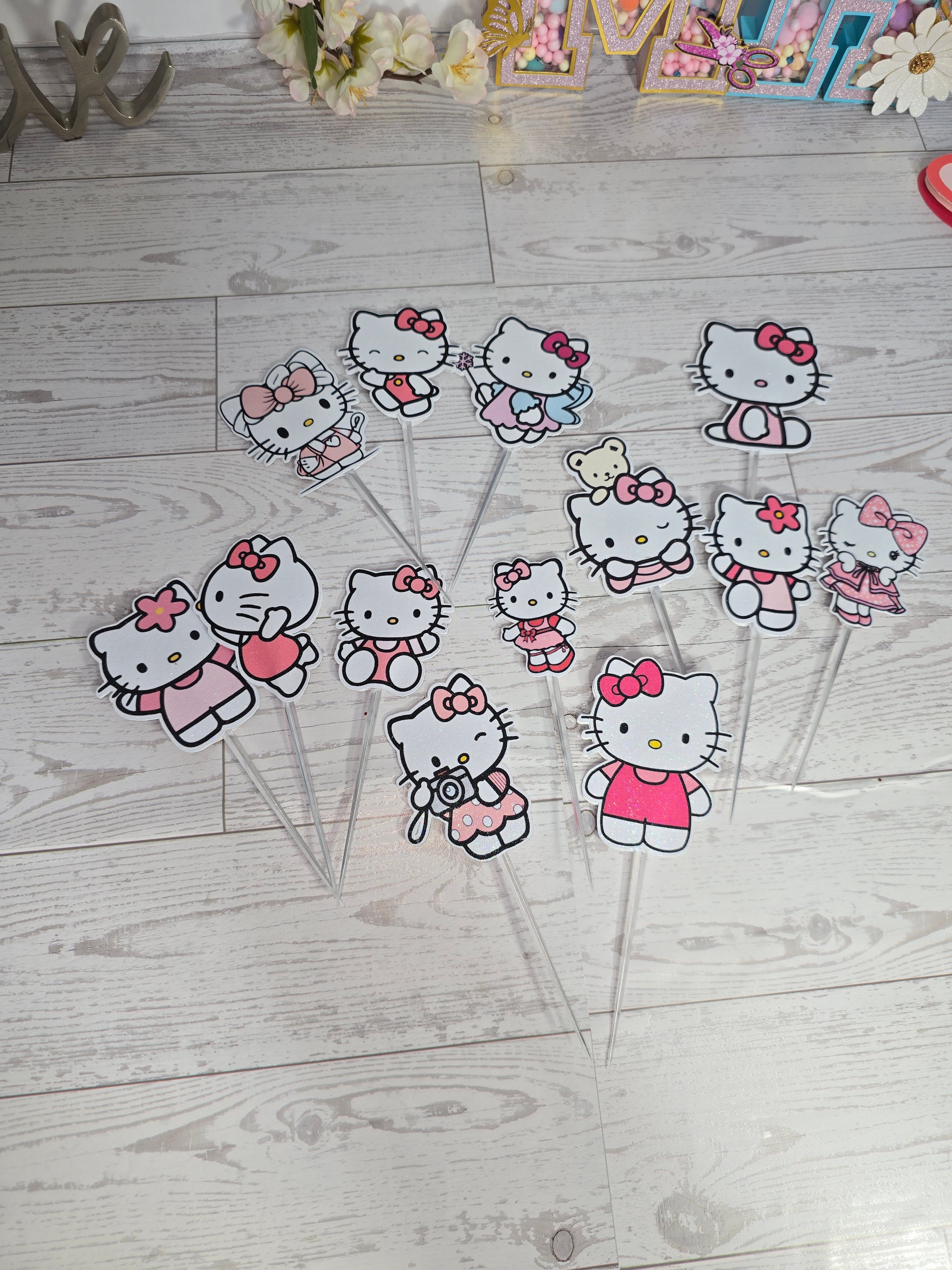 12 Pcs Glitter Cupcake Toppers – 12 Unique Kitty Designs | Birthday Party Picks