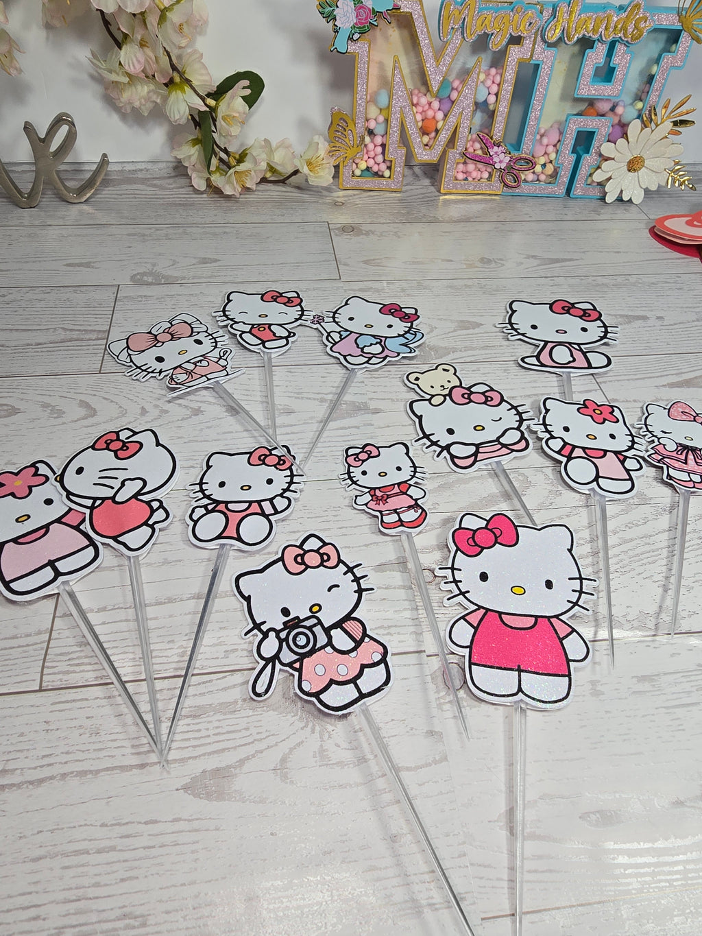 12 Pcs Glitter Cupcake Toppers – 12 Unique Kitty Designs | Birthday Party Picks