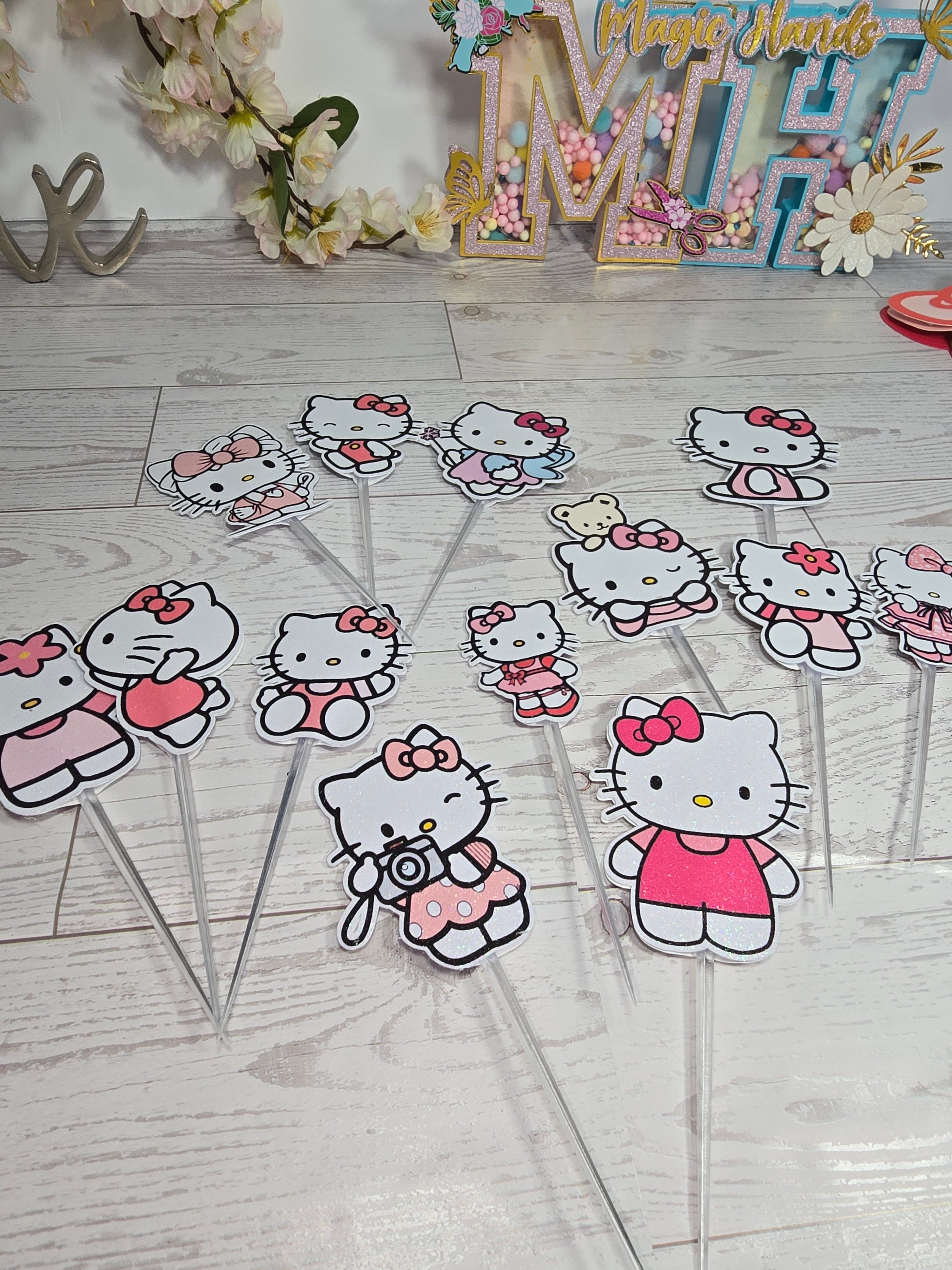 12 Pcs Glitter Cupcake Toppers – 12 Unique Kitty Designs | Birthday Party Picks