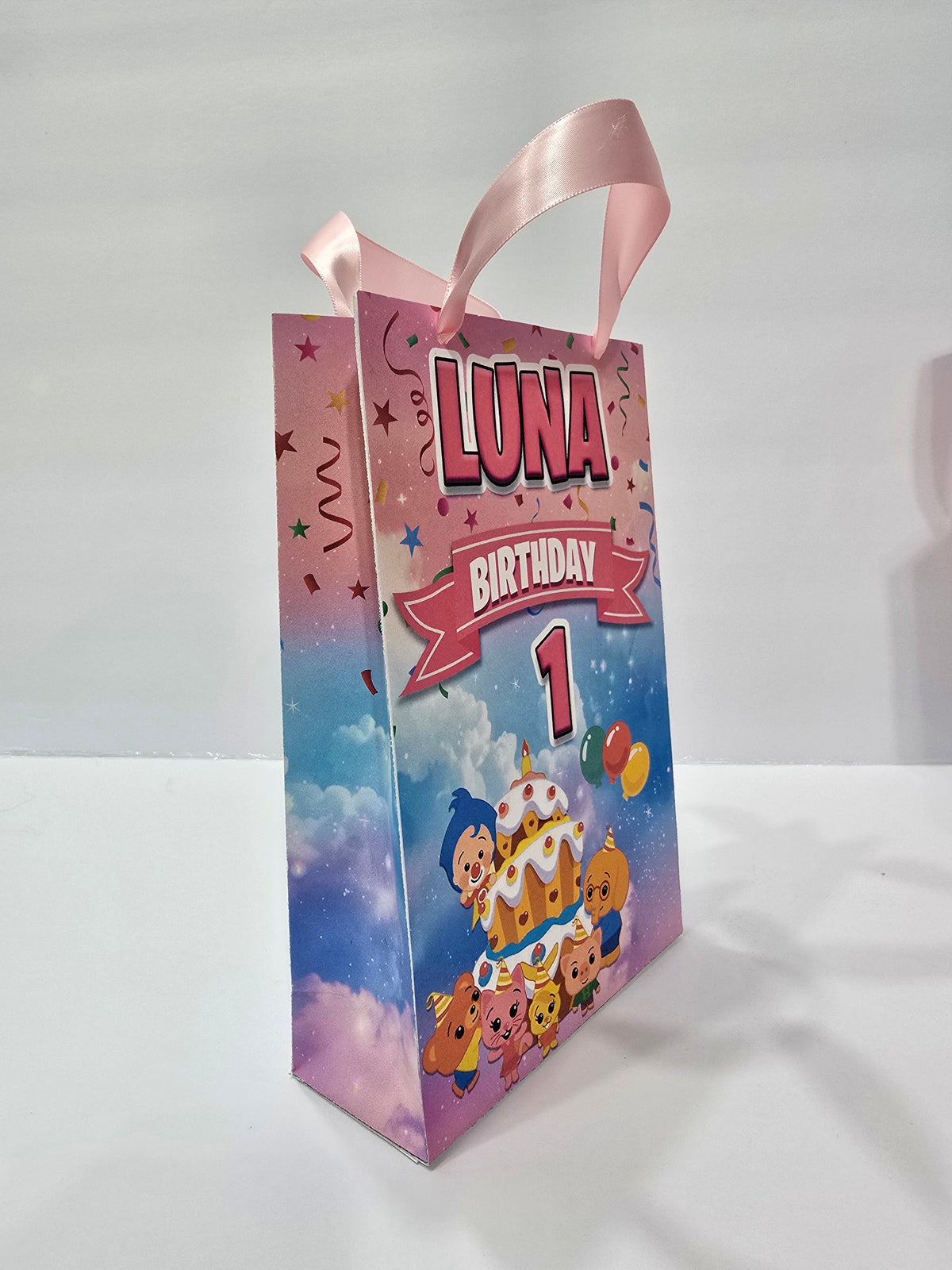 12 pcs Personalized Birthday Gift Bags with Name and Age – Bags with Ribbon Handles- 8.5"x5.5 (Plim plim)