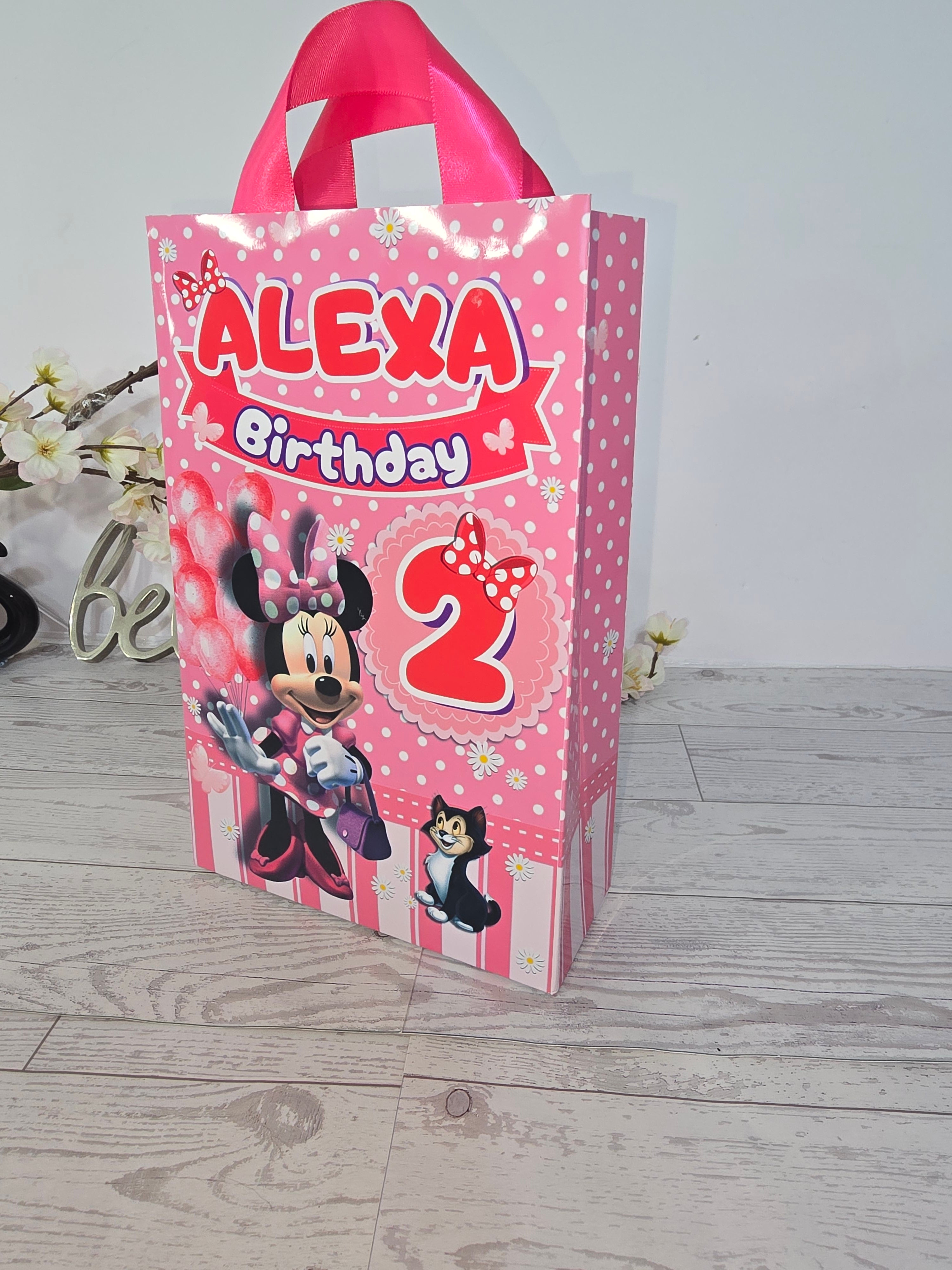12 pcs Personalized Birthday Gift Bags with Name and Age – Bags with Ribbon Handles- 8.5"x5.5 Minnie